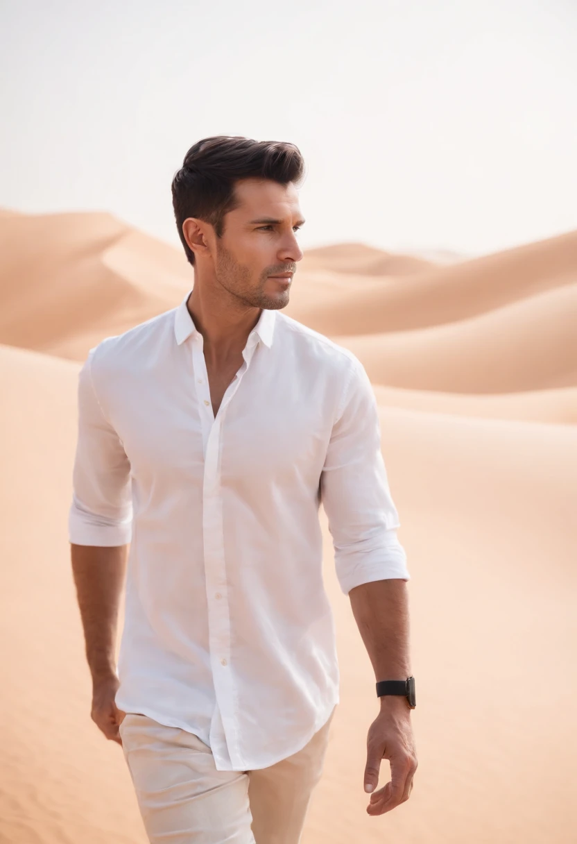 Man walking in the desert, back view, very short black hair, white shirt, dubai en fond, 50m from the camera, high contrast, couleurs chaudes, ultra realist, highly detailed, complicated, mise au point nette, profondeur de champ, Prise de vue moyenne, Hdr, 8k, (hyperrealism:1.2), (photoreallistic:1.2), prise avec le Canon EOS 5D Mark IV