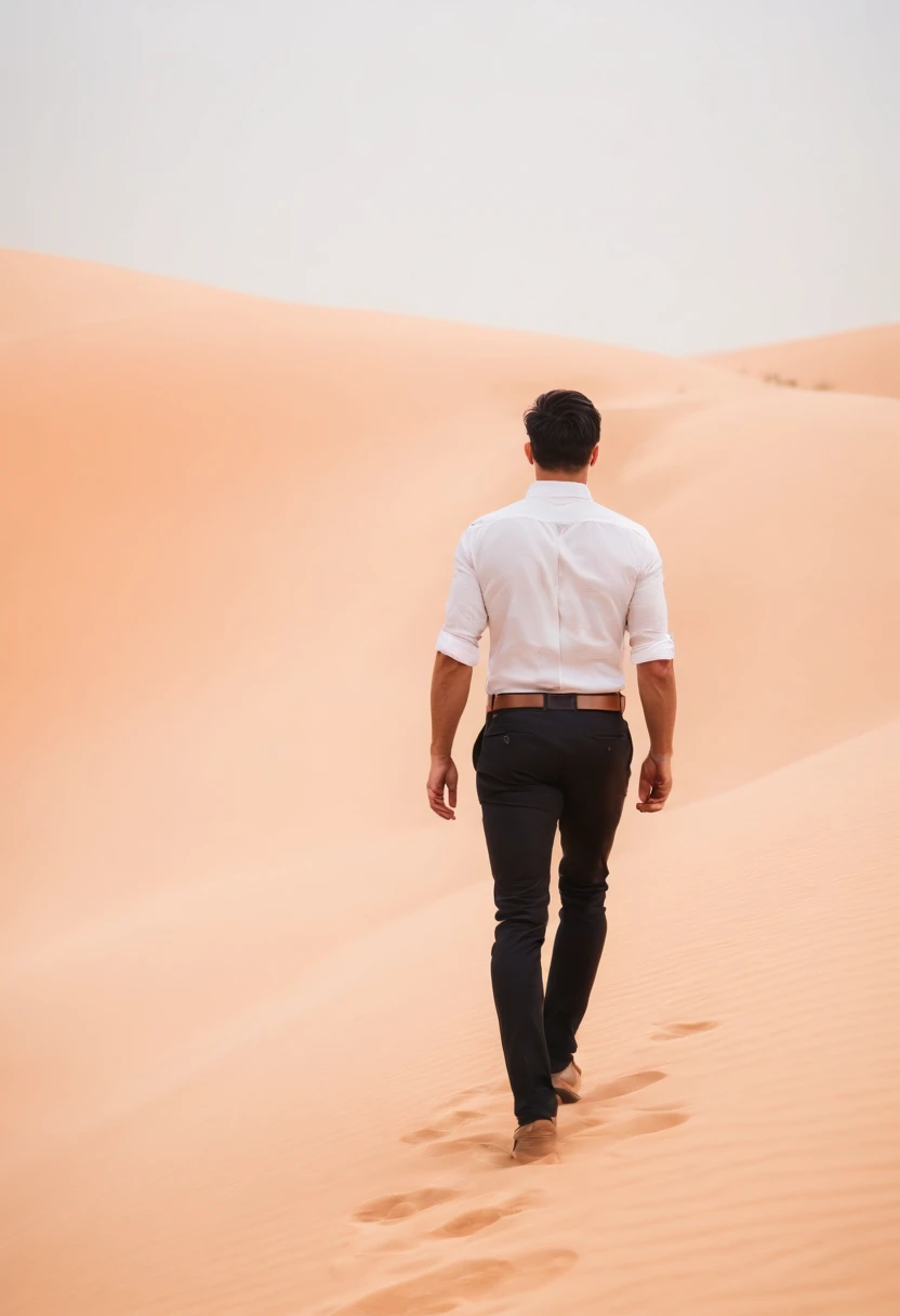 Man walking in the desert, back view, very short black hair, white shirt, dubai en fond, 50m from the camera, high contrast, couleurs chaudes, ultra realist, highly detailed, complicated, mise au point nette, profondeur de champ, Prise de vue moyenne, Hdr, 8k, (hyperrealism:1.2), (photoreallistic:1.2), prise avec le Canon EOS 5D Mark IV