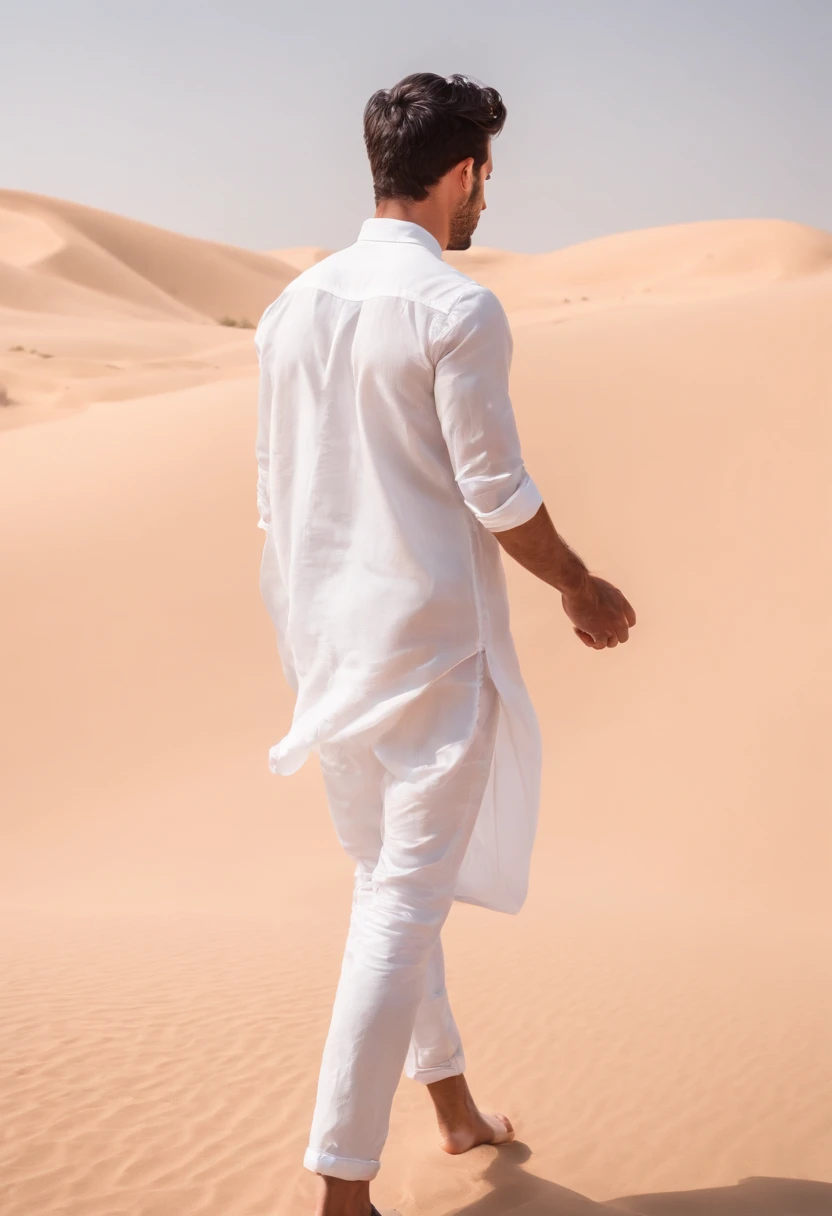 Man walking in the desert, back view, very short black hair, white shirt, dubai en fond, 50m from the camera, high contrast, couleurs chaudes, ultra realist, highly detailed, complicated, mise au point nette, profondeur de champ, Prise de vue moyenne, Hdr, 8k, (hyperrealism:1.2), (photoreallistic:1.2), prise avec le Canon EOS 5D Mark IV