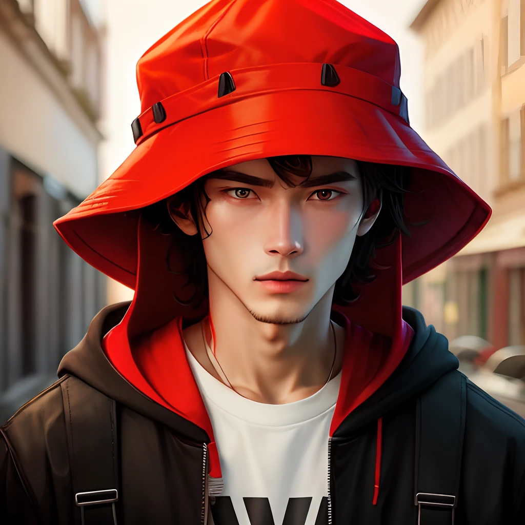 Guy with red bucket hat and a hoodie with red eyes