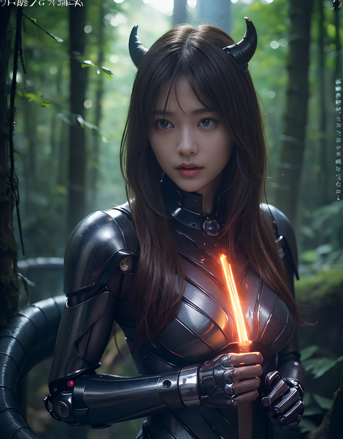 (1 Mechanical Girl)、top-quality、masterpiece、超A high resolution、(Photorealsitic:1.4)、Raw photo、1人、Fight mutants、glowy skin、(((1 Mechanical Girl)))、With a beautiful knife、(Red Metal Bodysuit)、(Fight goblings、ogre、Fierce battle with orcs),(Fight fiercely against aliens)、Fight fiercely、(beautiful forest background)、(Fighting Demonic Beasts)、(Small LED)、((super realistic details))、portlate、(Strong giant demon beast background),globalillumination、Shadow、octan render、8K、ultrasharp、Colossal tits、Raw skin is exposed in cleavage、metals、Details of complex ornaments、Japan details、highly intricate detail、Realistic light、(Mystical expression),CGSoation Trends、Blue eyes、radiant eyes、Facing the camera、neon details、(Mechanical limbs)、(blood vessels connected to tubes)、(Wires and cables connecting to the head)、Small LED、,Mechanical thighs、Toostock、(Hands are also made of machines)、(Attack of the Monster Beasts)、