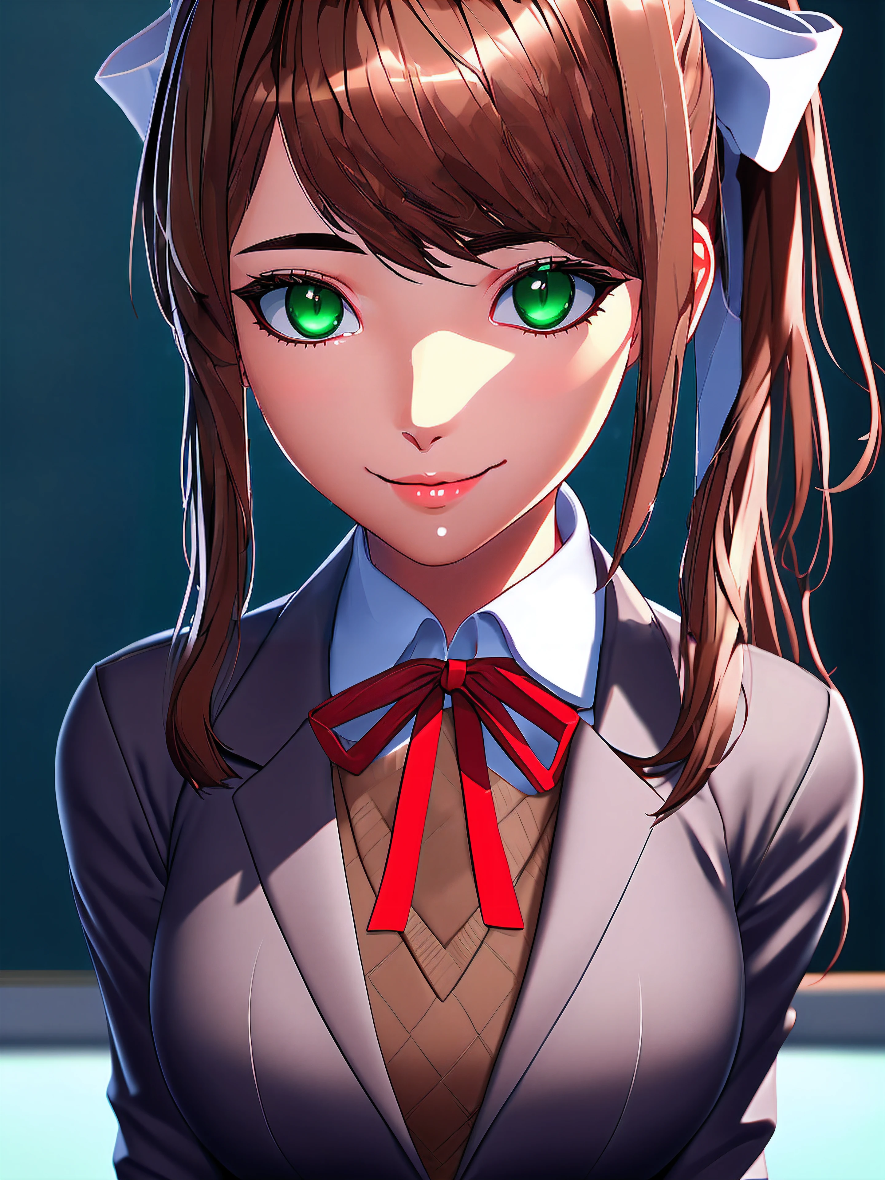 Monika, long brown hair with slightly wavy ends. A large white ribbon is tied into a bow on the right side of her head. She has side-swept bangs that brush her forehead, standard female school uniform, aura of discipline and elegance, warm gray blazer, upright posture, brown wool vest, immaculate white shirt, red ribbon on the collar. Maximum sharpness, UHD, 16K, anime style, best possible quality, ultra detailed, best possible resolution, Unreal Engine 5, perfect, more detail.
