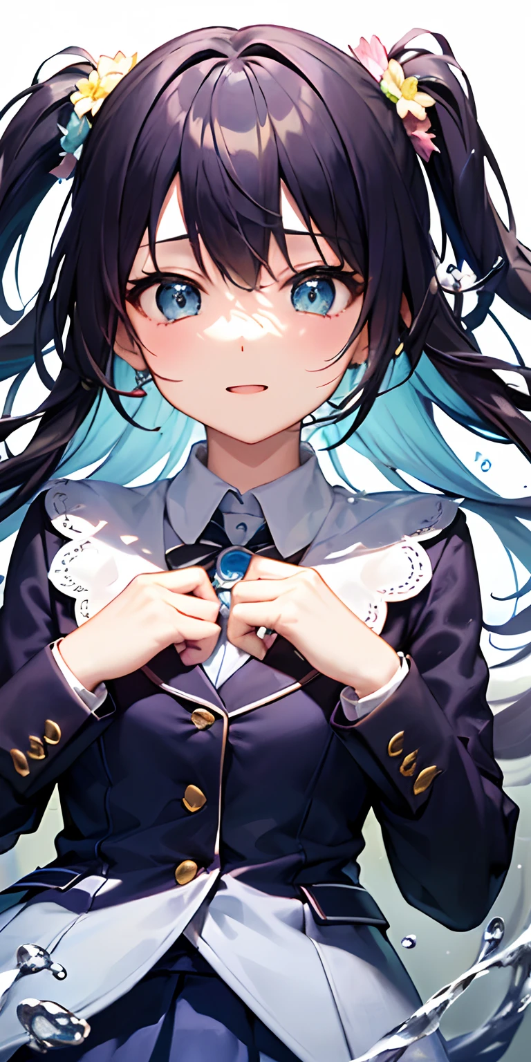 Nakano Nino, Black hair, (masterpiece)、(best qualtiy)、(ultra-detailliert)、(dishevled hair)、(illustratio)、(1 girl in)、,hi-school girl、Blue uniform(blazers、cute little)、is standing、fashion modell、see the beholder、(interview)、(simple background)、Fine and beautiful eyes、Delicate beautiful face、Planktonic、(a high chroma)、(colorful water splash)、colorful bubble、(brilliance)、focus on face、poneyTail、lightblue hair、bangss、hair rings、Floating flowers、Floating hairs、(SHINES)、The best lighting、Best Shadows、@Ai..maker