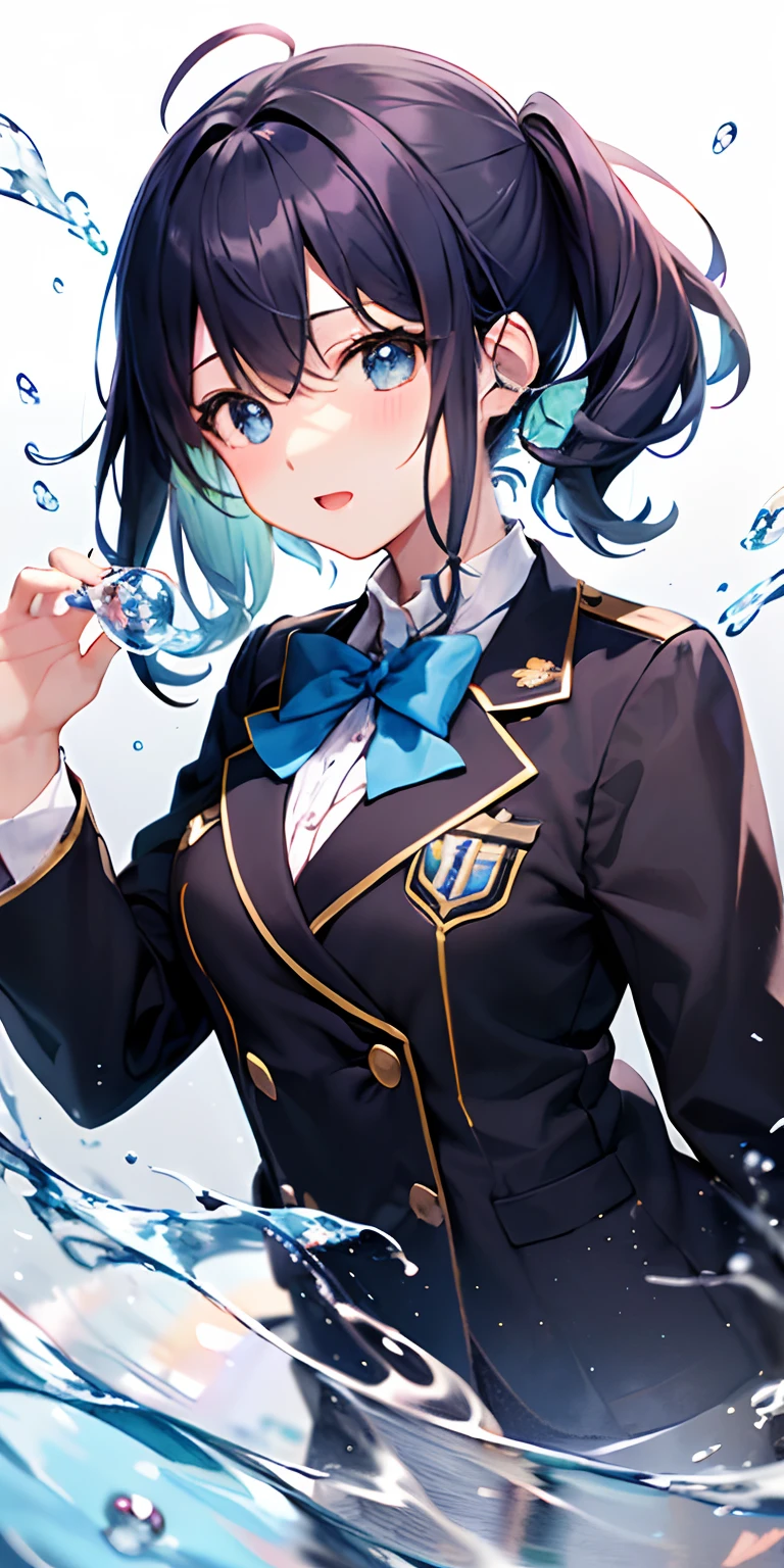 Nakano Nino, Black hair, (masterpiece)、(best qualtiy)、(ultra-detailliert)、(dishevled hair)、(illustratio)、(1 girl in)、,hi-school girl、Blue uniform(blazers、cute little)、is standing、fashion modell、see the beholder、(interview)、(simple background)、Fine and beautiful eyes、Delicate beautiful face、Planktonic、(a high chroma)、(colorful water splash)、colorful bubble、(brilliance)、focus on face、poneyTail、lightblue hair、bangss、hair rings、Floating flowers、Floating hairs、(SHINES)、The best lighting、Best Shadows、@Ai..maker