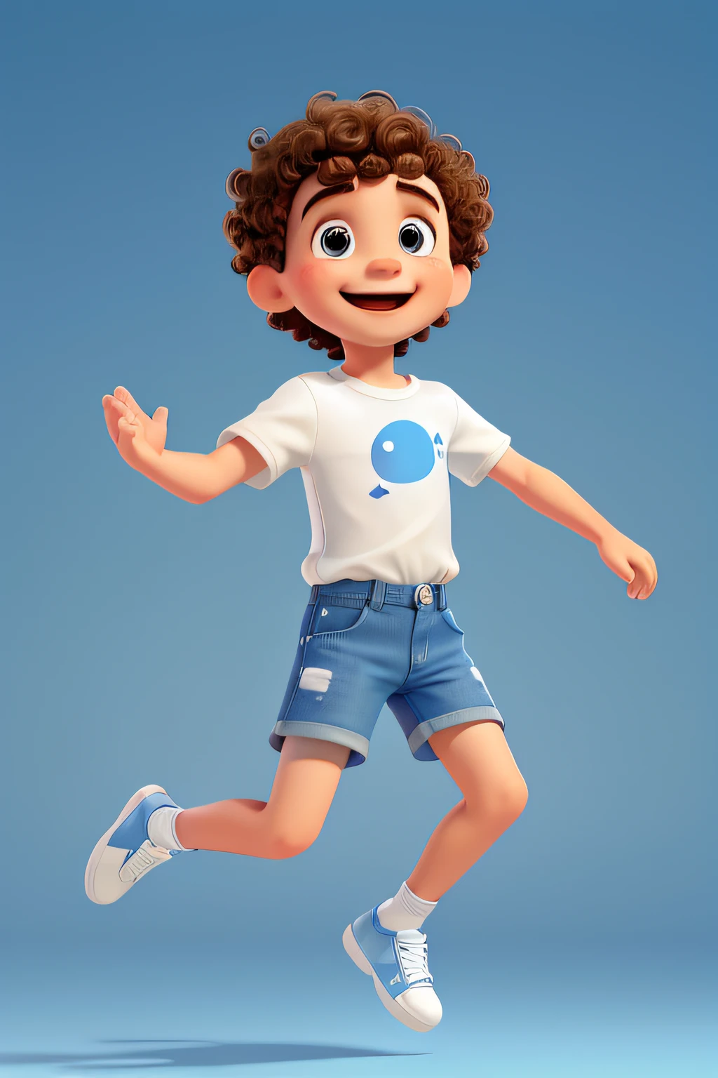 jumping, smiling, celebrating, white boy child, short brown curly hair, white shirt with blue bob shirt, blue denim shorts and blue and white sneakers. Disney style, high quality.