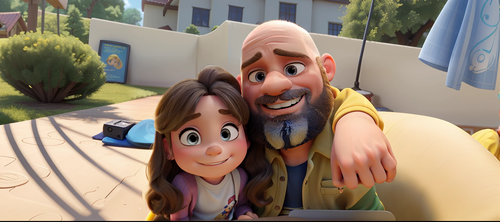 42-year-old bald man and 6--old ghter hair long yellow blond without glasses, Disney Pixar poster style in high resolution