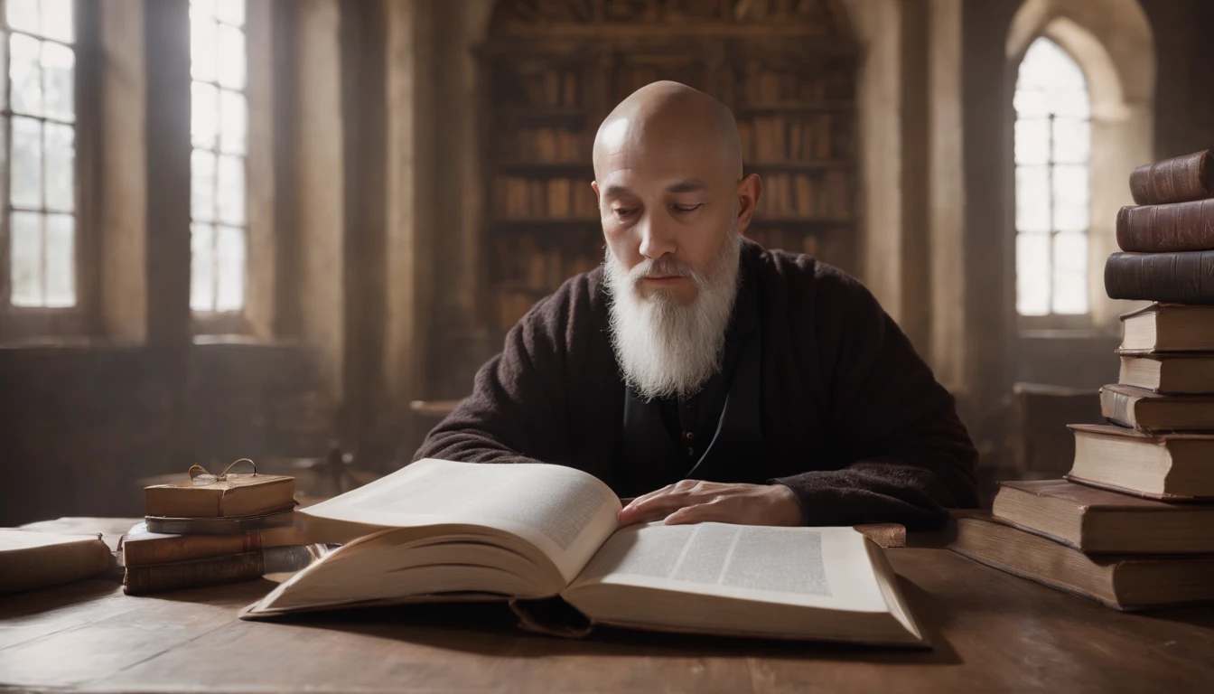 Create a surreal portrait of a man that transcends reality. His face is directed straight ahead, projecting an enigmatic and wise expression. He is bald, with distinct Asian features, radiating serenity, wisdom, and intelligence. Sporting a long beard, he is depicted sitting at a table adorned with an abundance of books, forming a surreal and magical environment. The books surround him, symbolizing his vast knowledge and profound insights. As he sits at the table, there is an otherworldly aura that emanates from him, blurring the line between reality and imagination. Use your artistic skills to bring this surreal portrait to life, capturing the essence of his transcendental presence and his profound wisdom as he immerses himself in the world of books.