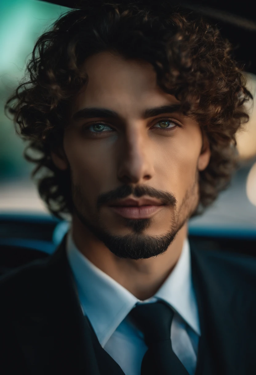 Light brunette tall green eyes short curly hair man with goatee wearing black suit standing in front of car Opal 78 blue