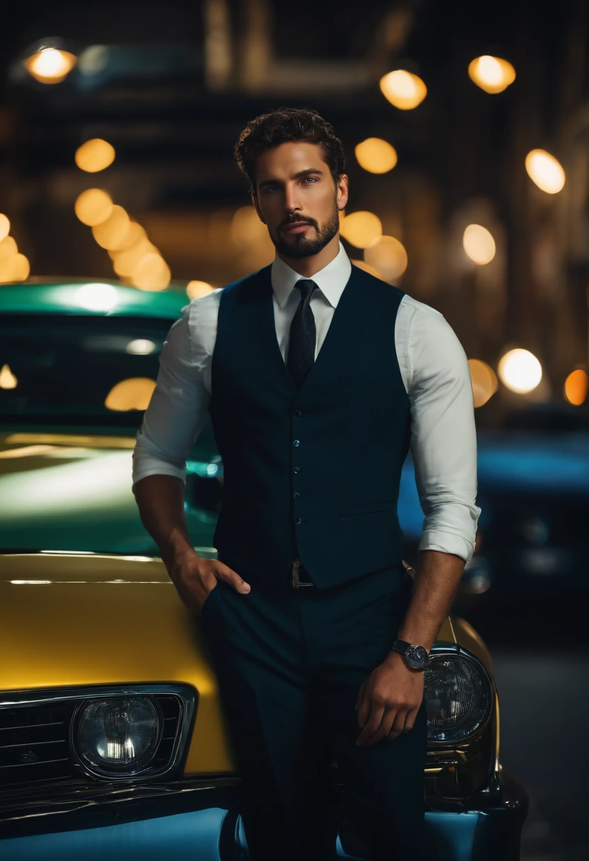 Light brunette tall green eyes short curly hair man with goatee wearing black suit standing in front of car Opal 78 blue
