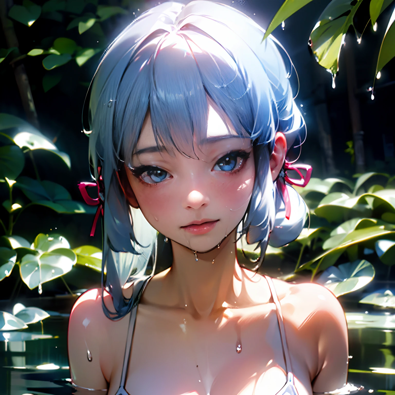 ayaka, wet, soaking wet, (best quality,4k,8k,highres,masterpiece:1.2),ultra-detailed,(realistic,photorealistic,photo-realistic:1.37), portraits, water droplets, shimmering skin,