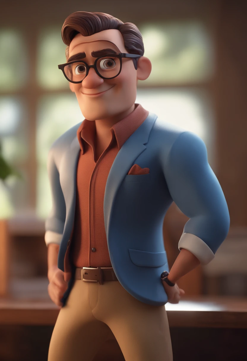Cartoon character of a man with black glasses and a blue shirt, animation character, Caractere estilizado, animation style rendering, 3D estilizado, Arnold Maya render, 3 d render stylized, toon render keyshot, Personagem 3D, Personagem 3D, 3d rendering stylized, 3 d character render, personagem de desenho animado, Personagem de close up, Pose de personagem, (Estilo Pixar) (master part:1.2) (Bokeh) (best quality) (pele detalhada) (textura detalhada) (8k) (argila) (Cinematic lighting) (foco nítido