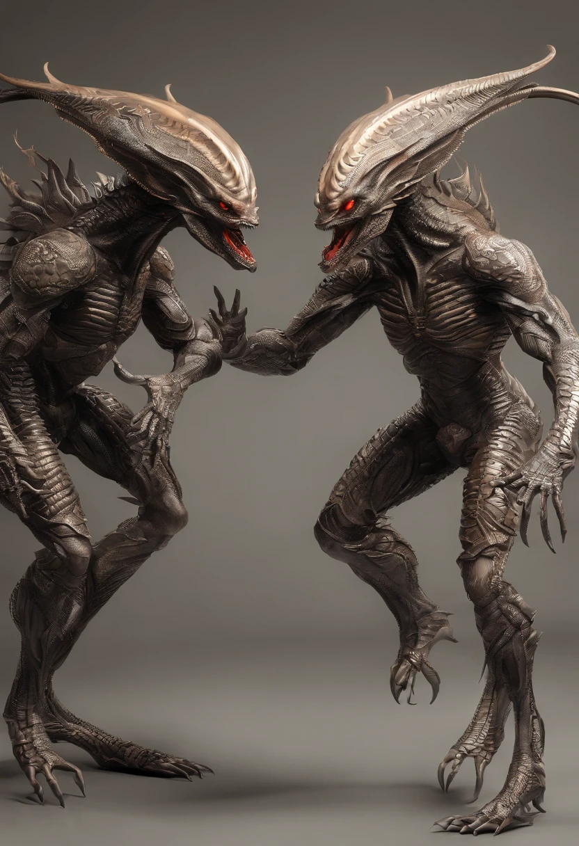 2 kaukasische frauen, Drachenschuppen-Skin, dunkel geflochtenes Haar, gelbe Augen, Lange Haare, dragon horns, Hyperrealistisch, 4K, Meisterwerk, beautiful, facing each other, full-body shot, ((tan skin)), exposed breasts, freiliegende Taille, fighting, Feuer-Tattoo auf dem Bauch unterhalb des Bauchnabels, Drachenschwanz, Drachenflügel, wild