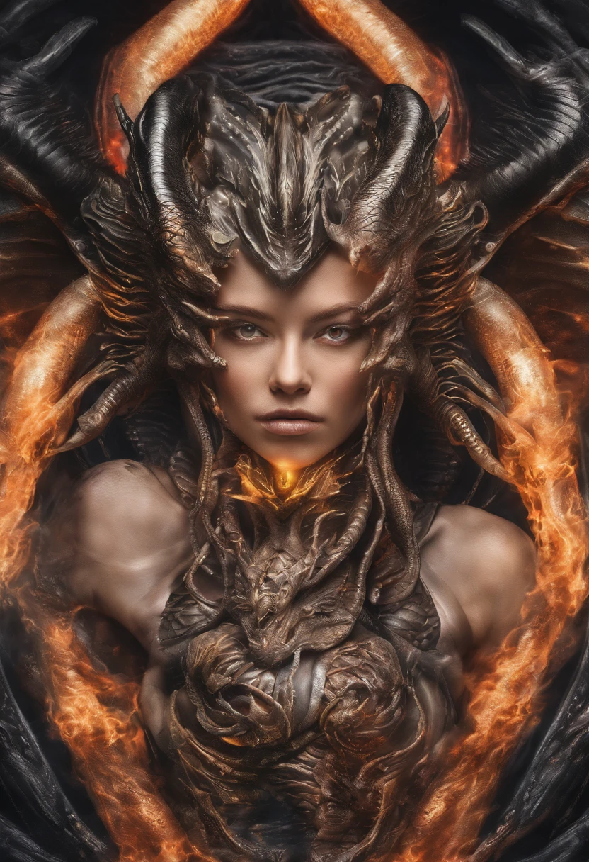 2 kaukasische frauen, Drachenschuppen-Skin, dunkel geflochtenes Haar, gelbe Augen, Lange Haare, dragon horns, Hyperrealistisch, 4K, Meisterwerk, beautiful, facing each other, full-body shot, ((tan skin)), exposed breasts, freiliegende Taille, fighting, Feuer-Tattoo auf dem Bauch unterhalb des Bauchnabels, Drachenschwanz, Drachenflügel, wild