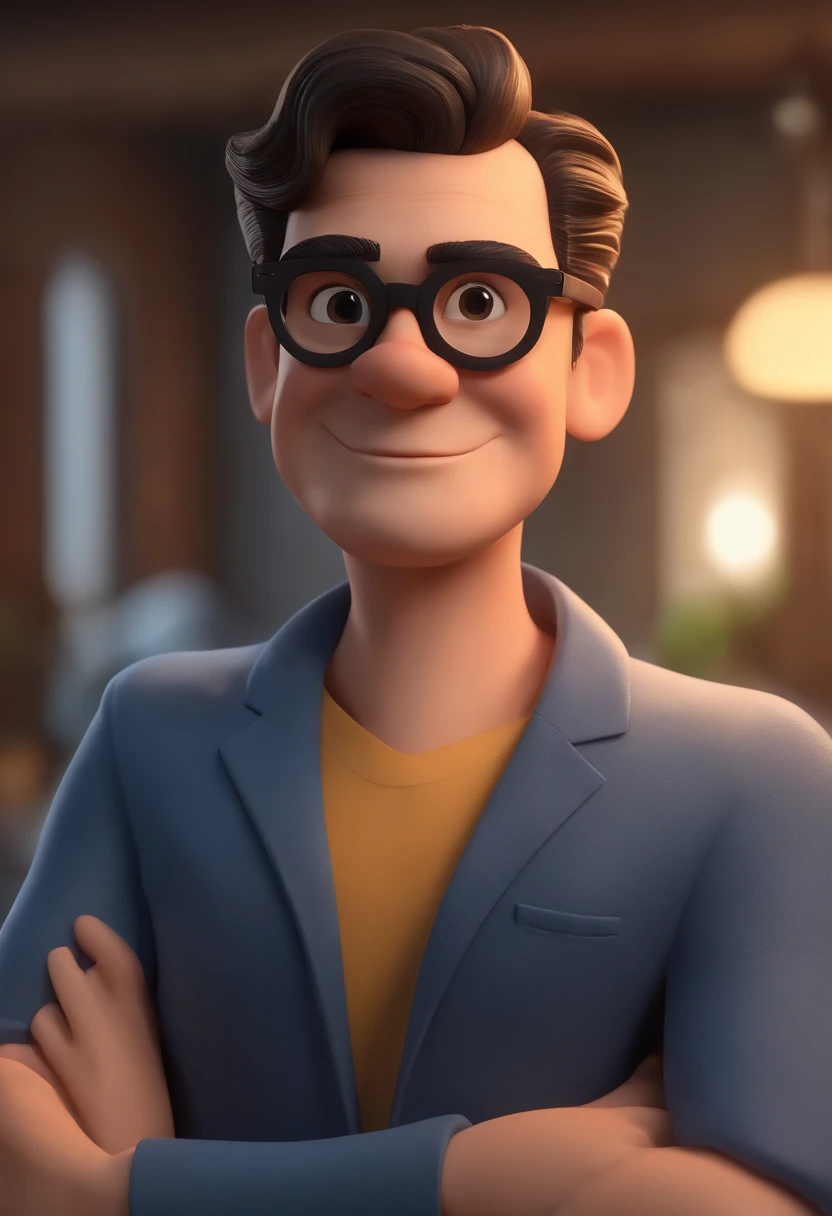 Cartoon character of a man wearing black glasses and a blue shirt, um personagem animado, Caractere estilizado, animation style rendering, 3D estilizado, Arnold Maya render, 3 d render stylized, toon render keyshot, Personagem 3D, Personagem 3D, 3d rendering stylized, 3 d character render, personagem de desenho animado, Personagem de close up, Pose de personagem, (Estilo Pixar) (master part:1.2) (Bokeh) (best quality) (pele detalhada) (textura detalhada) (8k) (argila) (Cinematic lighting) (foco nítido，Senta e vaza a parte superior do corpo