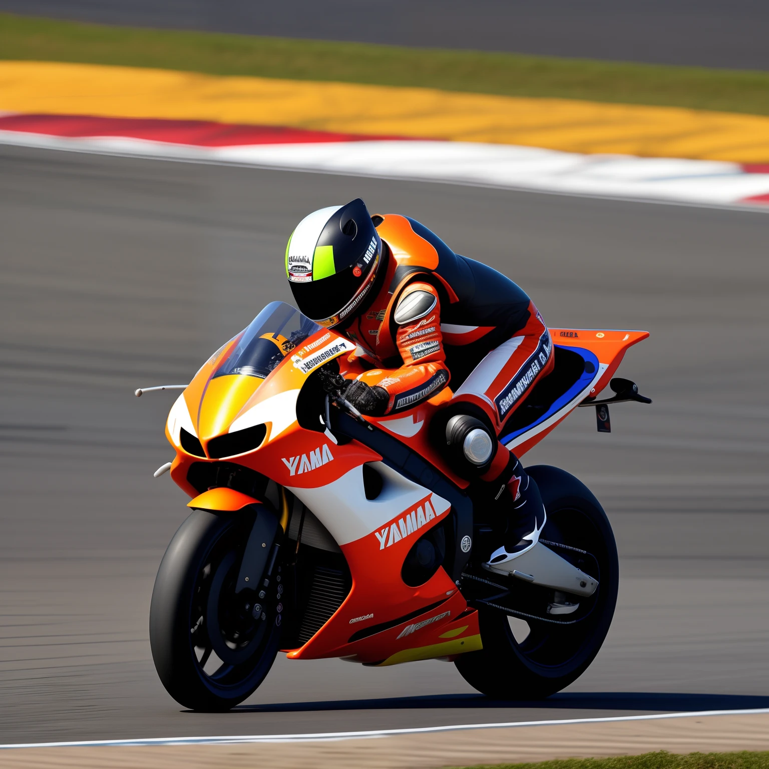 Personagem pixar, Homem de 35 anos, nordestino, bronzeado, magro, com pouco cabelo ondulado, calvo, maxilar redondo, nariz ponta redonda, olhos castanhos, sitting on an orange number 77 2009 Yamaha R6 with a driver's overalls driving at Interlagos racetrack on race day