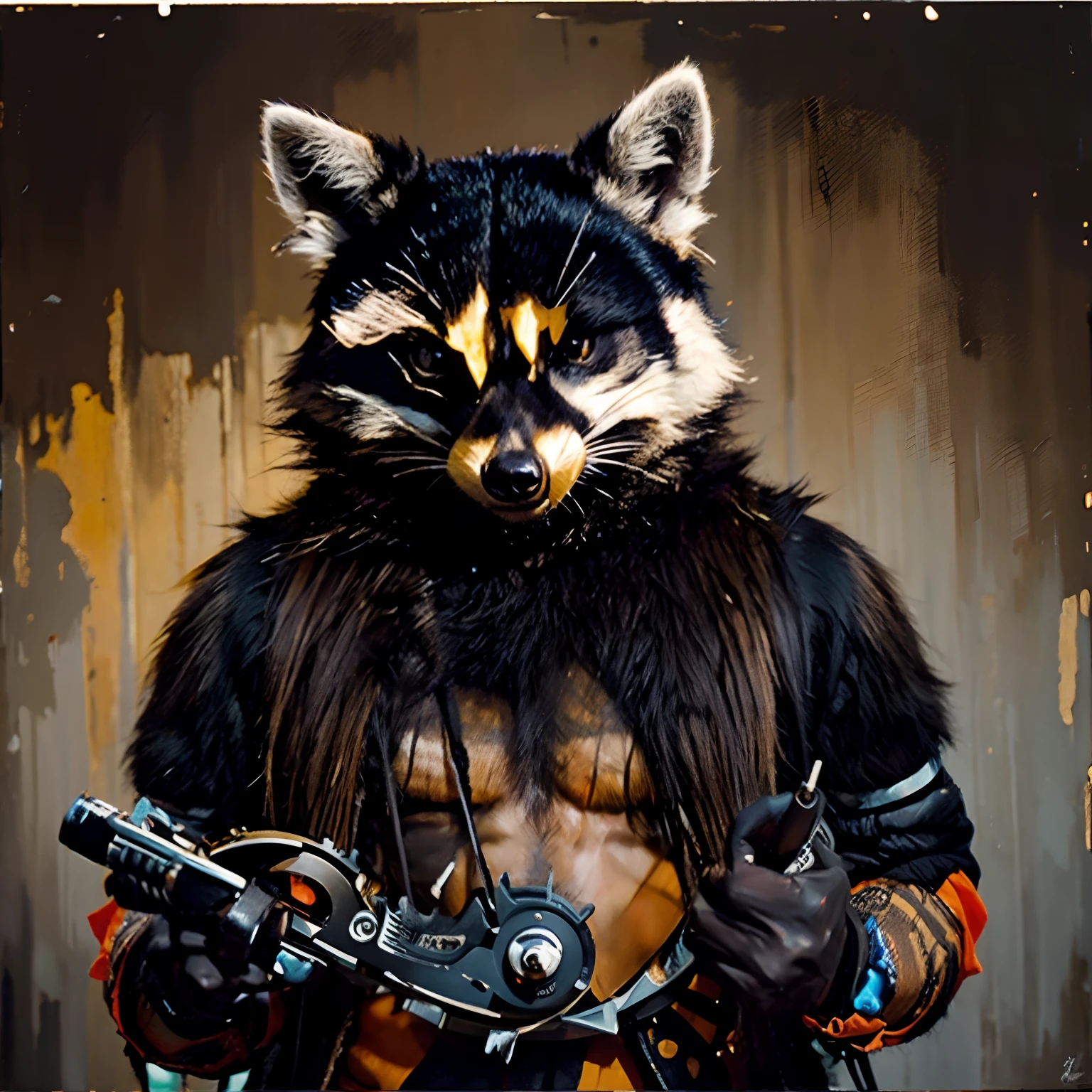 Modern Oil Painting of a Humanoid Raccoon, horror, cores escuras, assustador,epic scenes ,arte de terror de choque, With saw in hand, peludo macho