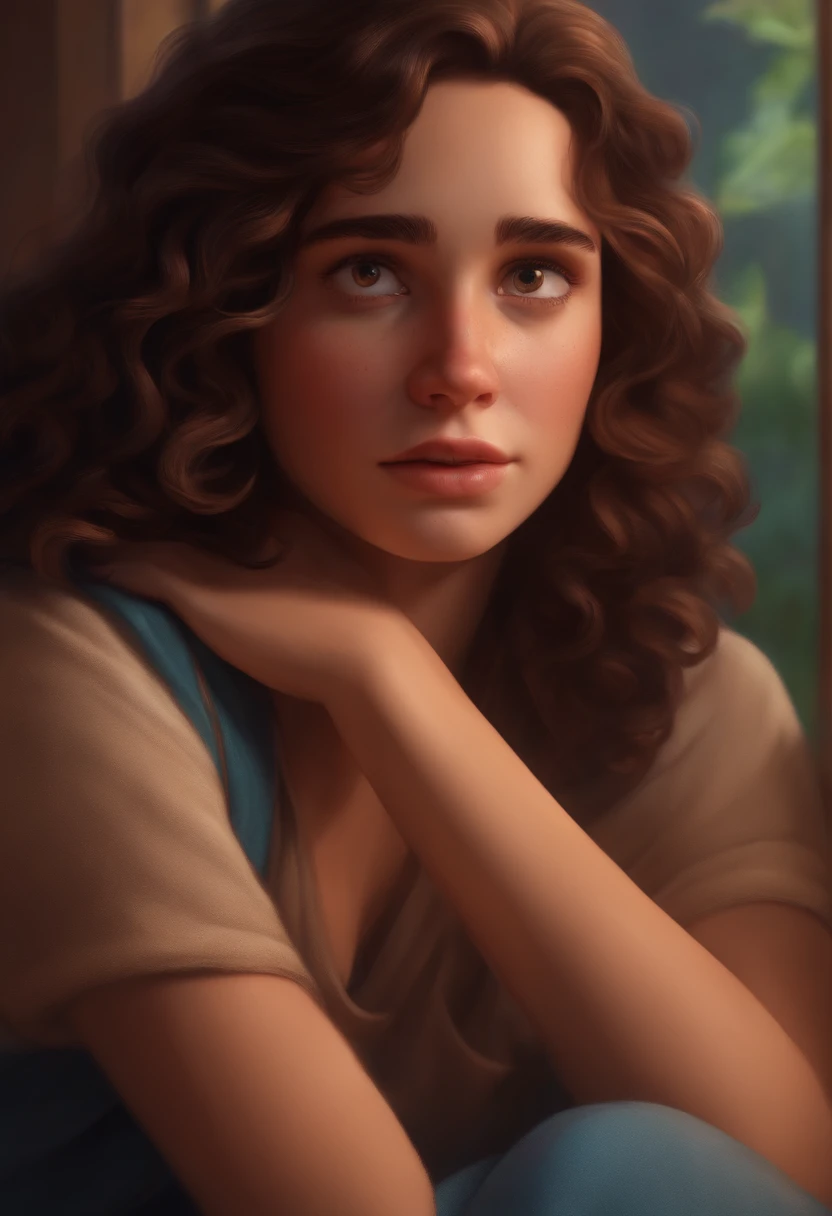 A brunette girl with medium curly hair and Jesus comforting inspired by Pixar animation, de perto. The girl's facial expressions are crying with a touch of unreality.