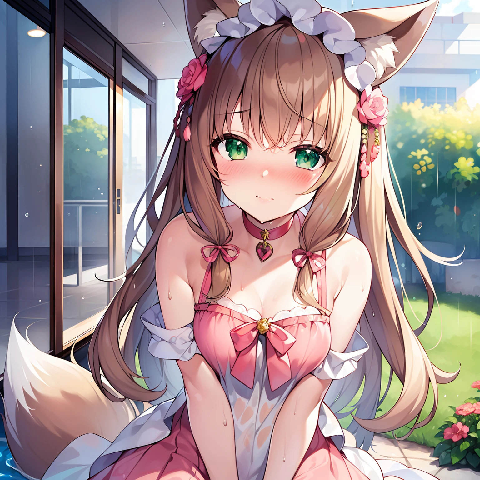 (Masterpiece, Best quality, high resolution), 1girll, Solo, Oversized fox tail，Long brown hair，Green eyes，Small flower headdress, (-yeld jurn architecture，(blushing:1.3),Showing , , pink ,visible ,wet body , milf,