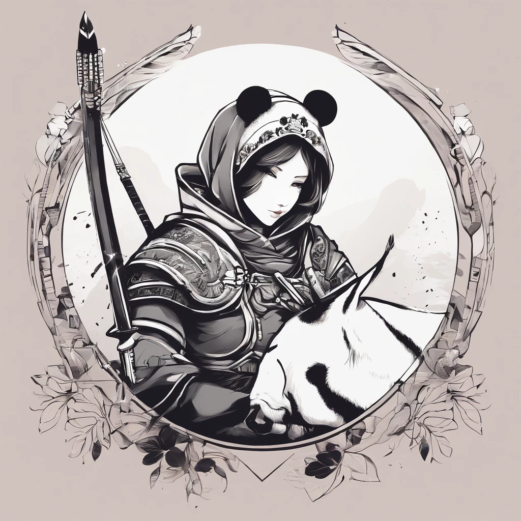 Logo esport, logoté : ULTIMPANDA, Humanoid panda, muscular body simple, simple ink painting, black ink painting, logo style, beautiful female archer on a horse, by yukisakura, It's powerful