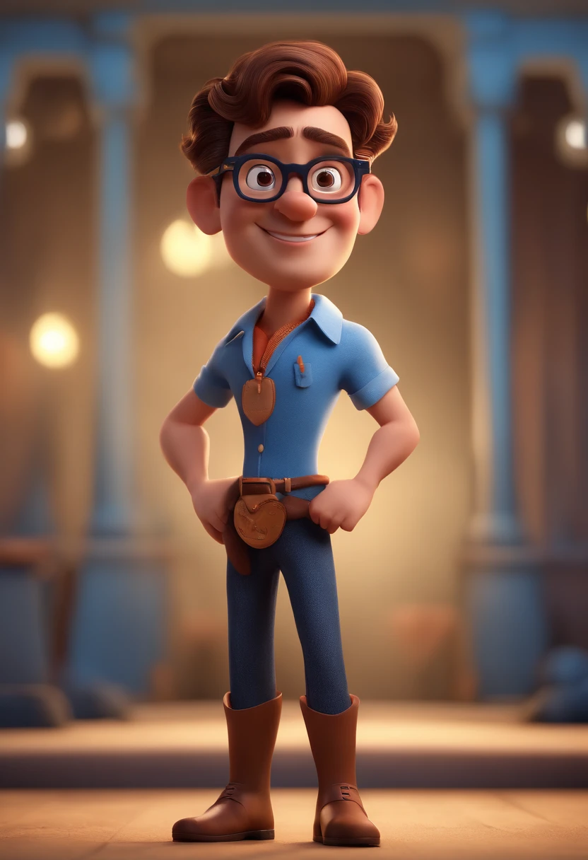 Cartoon character of a man with black glasses and a blue shirt, animation character, Caractere estilizado, animation style rendering, 3D estilizado, Arnold Maya render, 3 d render stylized, toon render keyshot, Personagem 3D, Personagem 3D, 3d rendering stylized, 3 d character render, personagem de desenho animado, Personagem de close up, Pose de personagem, (Estilo Pixar) (master part:1.2) (Bokeh) (best quality) (pele detalhada) (textura detalhada) (8k) (argila) (Cinematic lighting) (foco nítido