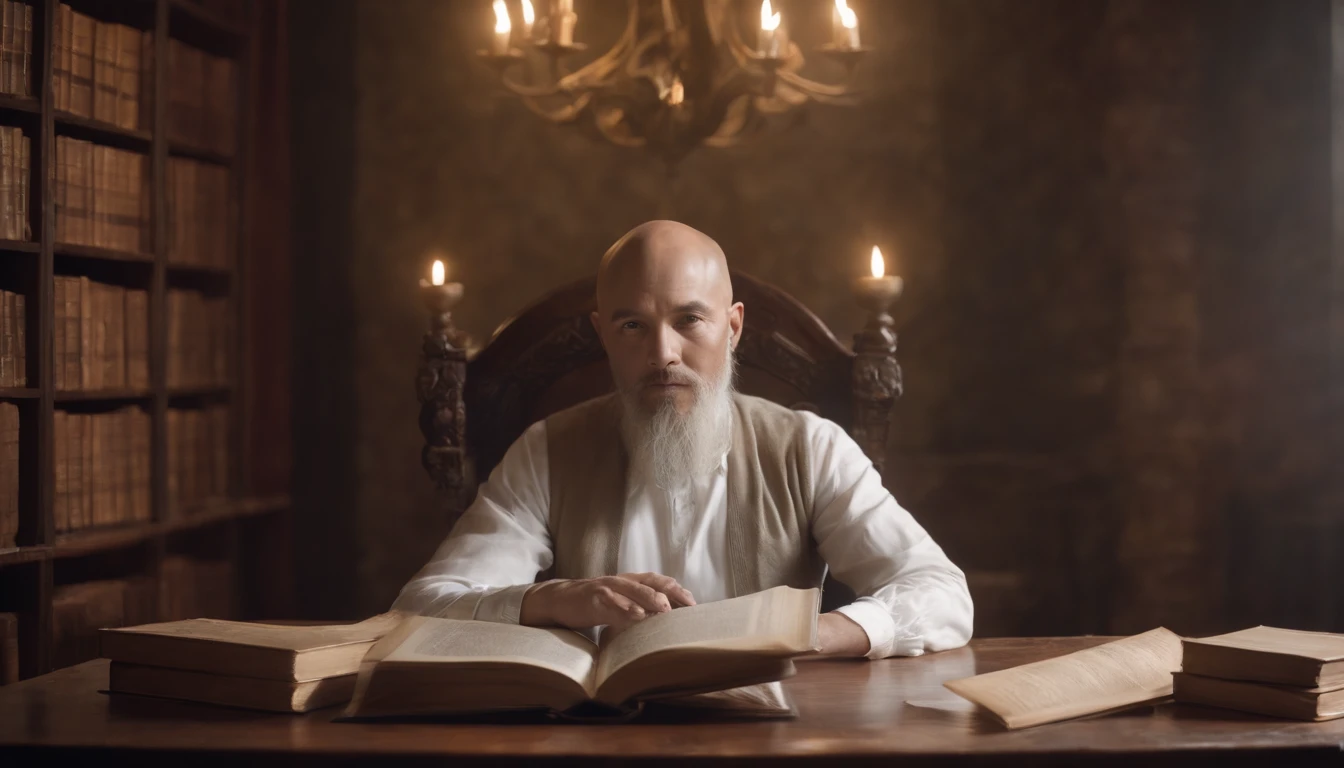 Create a surreal portrait of a man that transcends reality. His face is directed straight ahead, projecting an enigmatic and wise expression. He is bald, with distinct Asian features, radiating serenity, wisdom, and intelligence. Sporting a long beard, he is depicted sitting at a table adorned with an abundance of books, forming a surreal and magical environment. The books surround him, symbolizing his vast knowledge and profound insights. As he sits at the table, there is an otherworldly aura that emanates from him, blurring the line between reality and imagination. Use your artistic skills to bring this surreal portrait to life, capturing the essence of his transcendental presence and his profound wisdom as he immerses himself in the world of books.