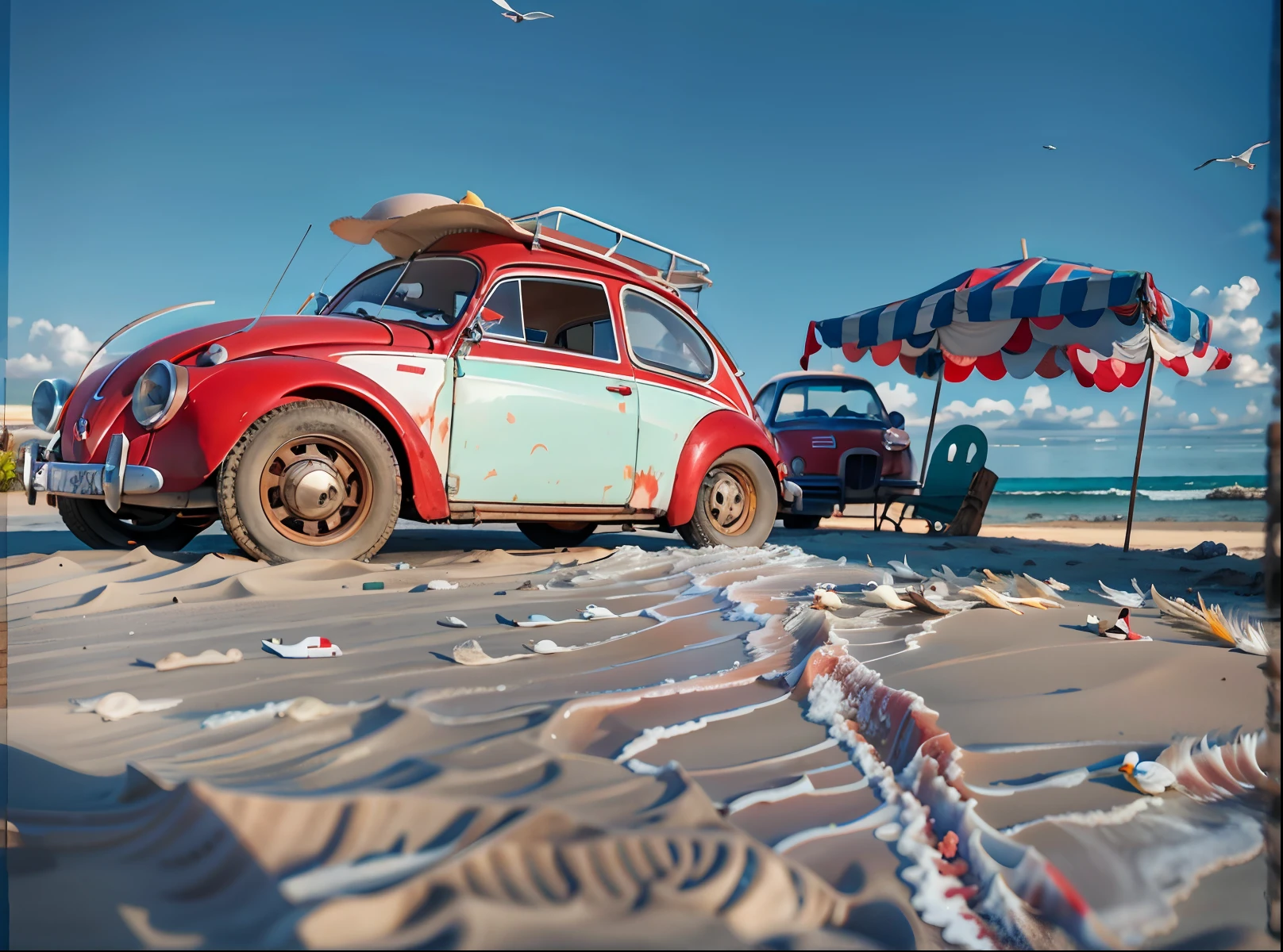 There is a "red and white" Volkswagen  FUSCA parked on the beach, Carrinha, vermelho!! areia, charrete, na areia, besouro, com rack de teto, foto do perfil, na praia, lots of "seagulls and birds flying",dia ensolarado ,Restomod, visual vintage, na praia, beach setting, in a beachfront environment, Postagem no Reddit, postprocessed), Nostalgic 512k, Inspirado no besouro