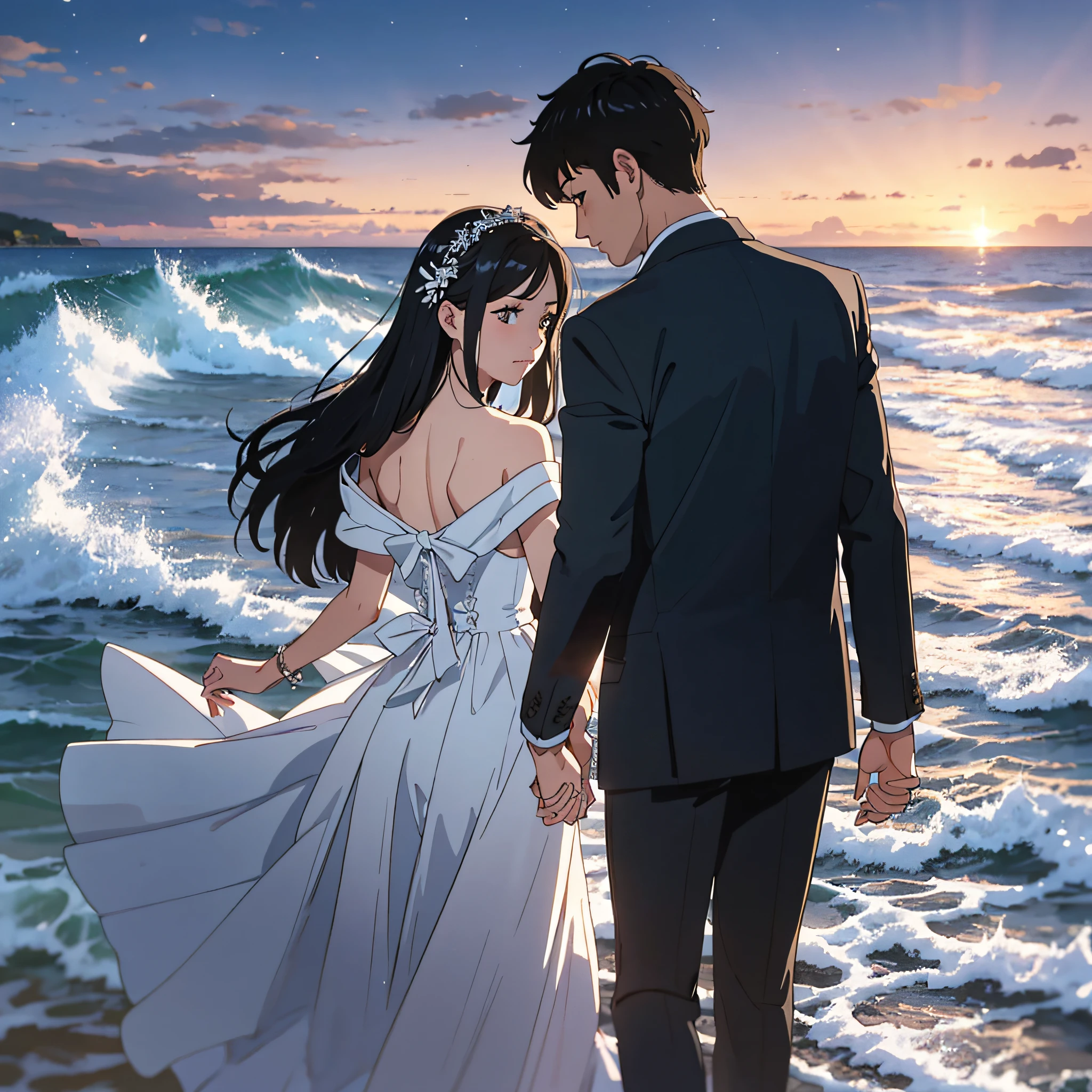 Night covers the sea, the breeze blows through the waves, and the tide spreads on the beach. The lights in the distance are dotted, like pearls scattered in the night. On the coast, a couple of lovers are strolling, and soft music lingers around them, conveying deep emotions. They walked hand in hand, step by step, on the beach, as if the whole world was left with just the two of them. The sea beside them is like the love in their hearts, boundless and vast, never stopping. This scene is like a world away, but in this West Sea love song, with the melody constantly emerged. Comic book style, 4K Ultra HD --auto --s2