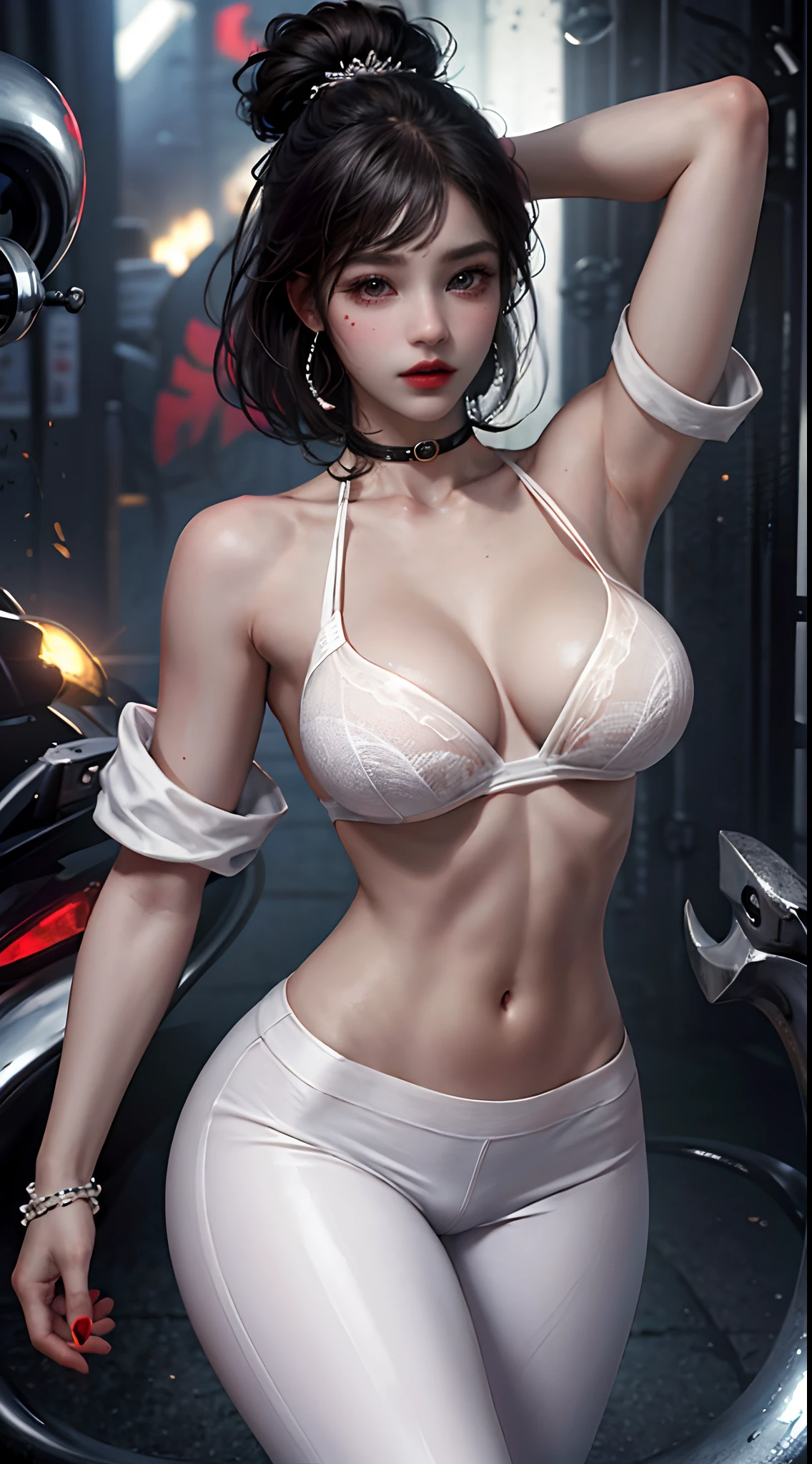 (High resolution, realista) retrato de una hermosa chica coreana con (cabello blanco ondulado) y (heterochromic eyes)Ella lleva un (Camisa blanca suelta) y (pantalones de yoga) que la muestran (abdominales apretados) y (Dedos de camello), mientras que su (pechos gryes) y (piernas largas) add to the allure.
