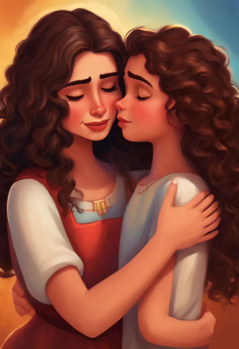A brunette girl with medium curly hair crying and Jesus comforting her inspired by Pixar animation, de perto. The girl's facial expressions are crying with a touch of unreality.