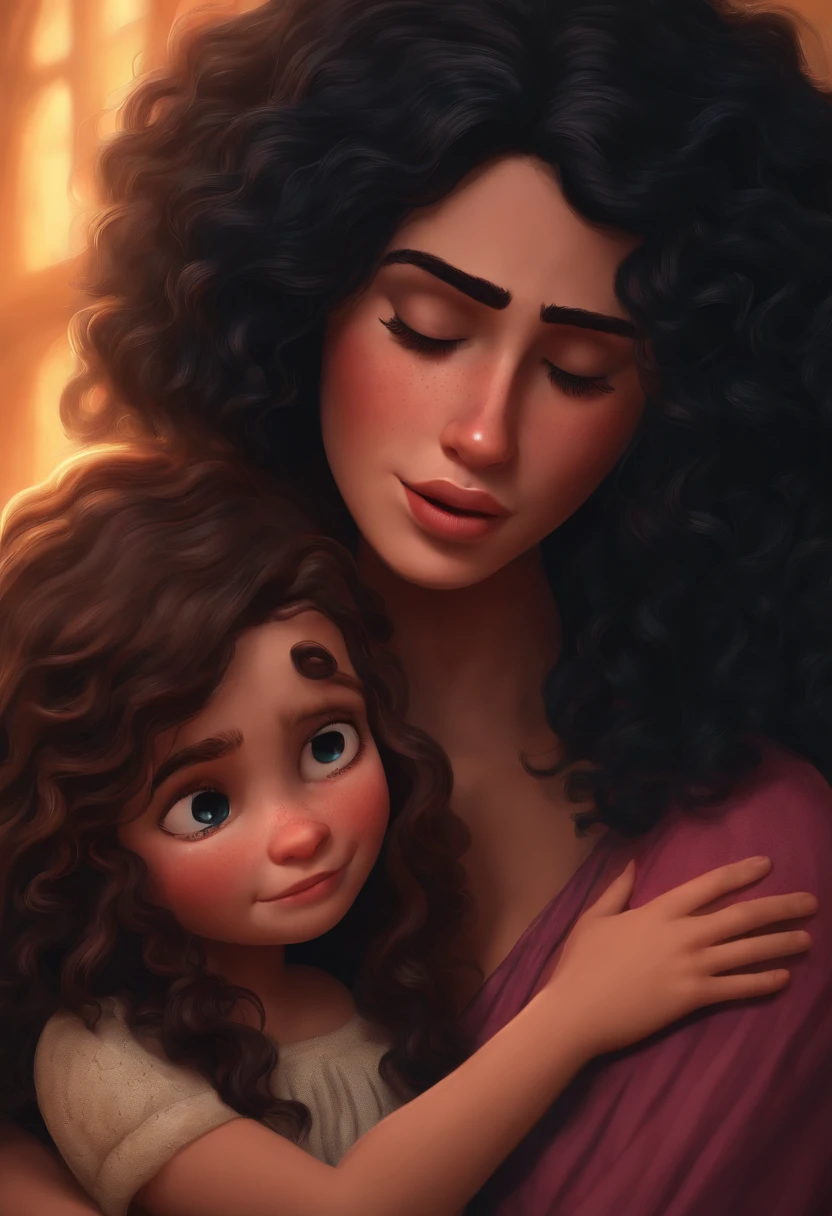 A brunette girl with medium curly hair crying and Jesus comforting her inspired by Pixar animation, de perto. The girl's facial expressions are crying with a touch of unreality.