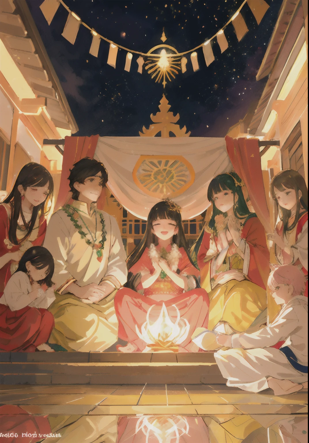 Anime-Style Diwali Blessings Banner:
Title: "Anime Diwali: Blessings Illuminated"
Description: This anime-style Diwali announcement banner features an Indian family with anime characters dressed in traditional attire. They gather in a beautifully illustrated, vibrant setting where the elders lovingly bless the younger generation. The scene is bathed in the warm, inviting glow of diya lamps, creating an enchanting atmosphere that captures the essence of Diwali's blessings and joy in a delightful anime art form.