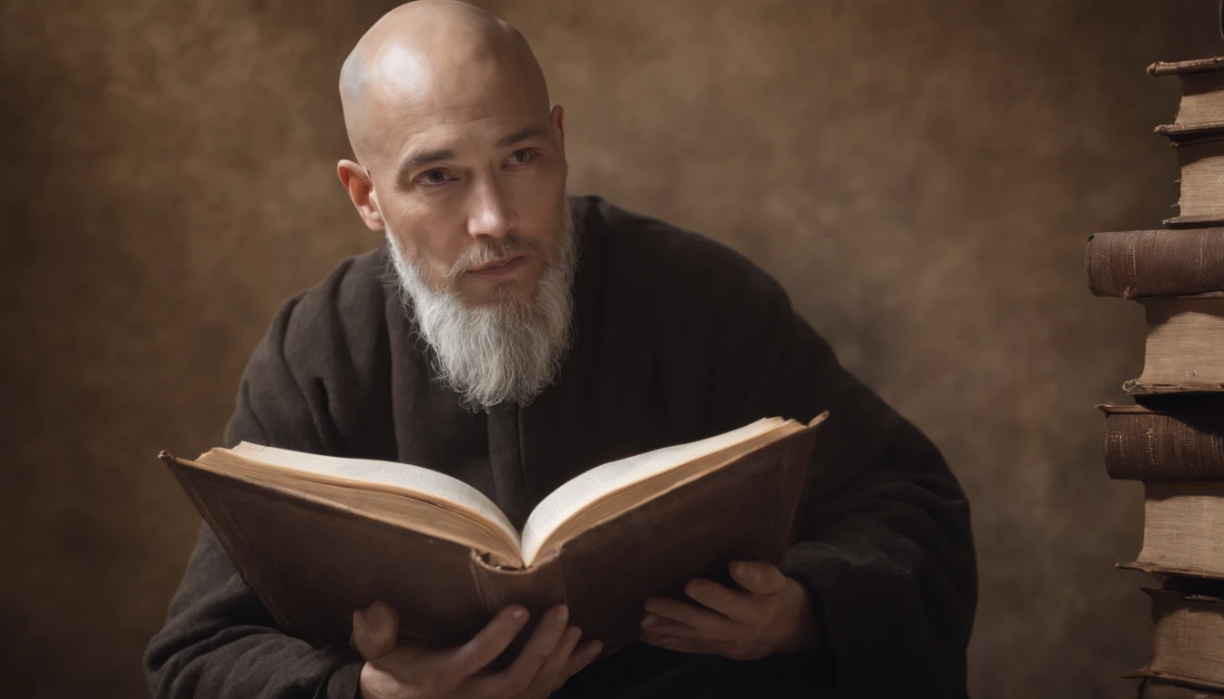 Create a surreal portrait of a man that transcends reality. His face is directed straight ahead, projecting an enigmatic and wise expression. He is bald, with distinct Asian features, radiating serenity, wisdom, and intelligence. Sporting a long beard, he is depicted sitting at a table adorned with an abundance of books, forming a surreal and magical environment. The books surround him, symbolizing his vast knowledge and profound insights. As he sits at the table, there is an otherworldly aura that emanates from him, blurring the line between reality and imagination. Use your artistic skills to bring this surreal portrait to life, capturing the essence of his transcendental presence and his profound wisdom as he immerses himself in the world of books.