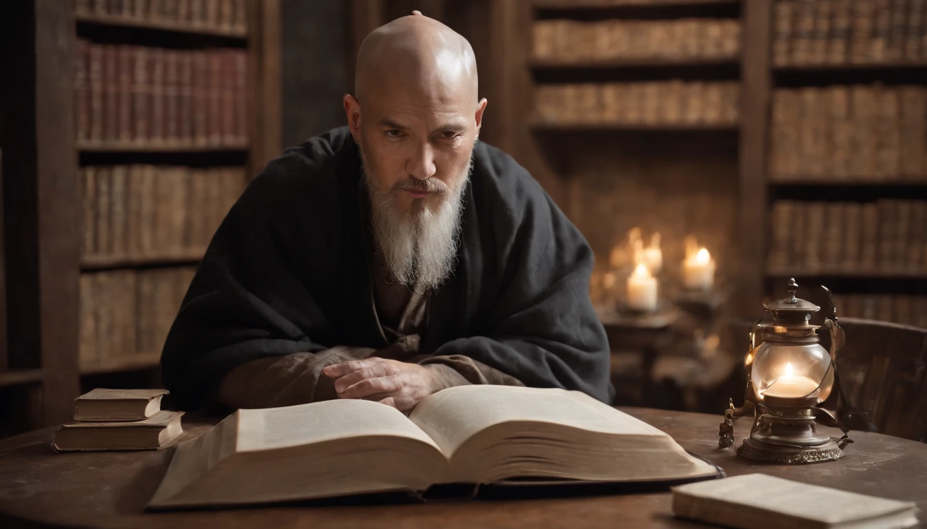 Create a surreal portrait of a man that transcends reality. His face is directed straight ahead, projecting an enigmatic and wise expression. He is bald, with distinct Asian features, radiating serenity, wisdom, and intelligence. Sporting a long beard, he is depicted sitting at a table adorned with an abundance of books, forming a surreal and magical environment. The books surround him, symbolizing his vast knowledge and profound insights. As he sits at the table, there is an otherworldly aura that emanates from him, blurring the line between reality and imagination. Use your artistic skills to bring this surreal portrait to life, capturing the essence of his transcendental presence and his profound wisdom as he immerses himself in the world of books.