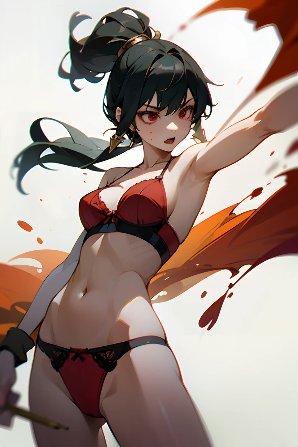 top-quality、masterpiece、hight resolution、1girl in、Short stature、A slender、Ayolf、Black hair、short hair with long locks、Gold Hair Band、Red Eyes、Tabby underwear、Finely decorated shabby panties、Finely decorated shabby bra、Gold Earrings、Jewelry、With weapons、Low posture、Fighting、Unleash a kick、arm guards、Assassin、blood splashing