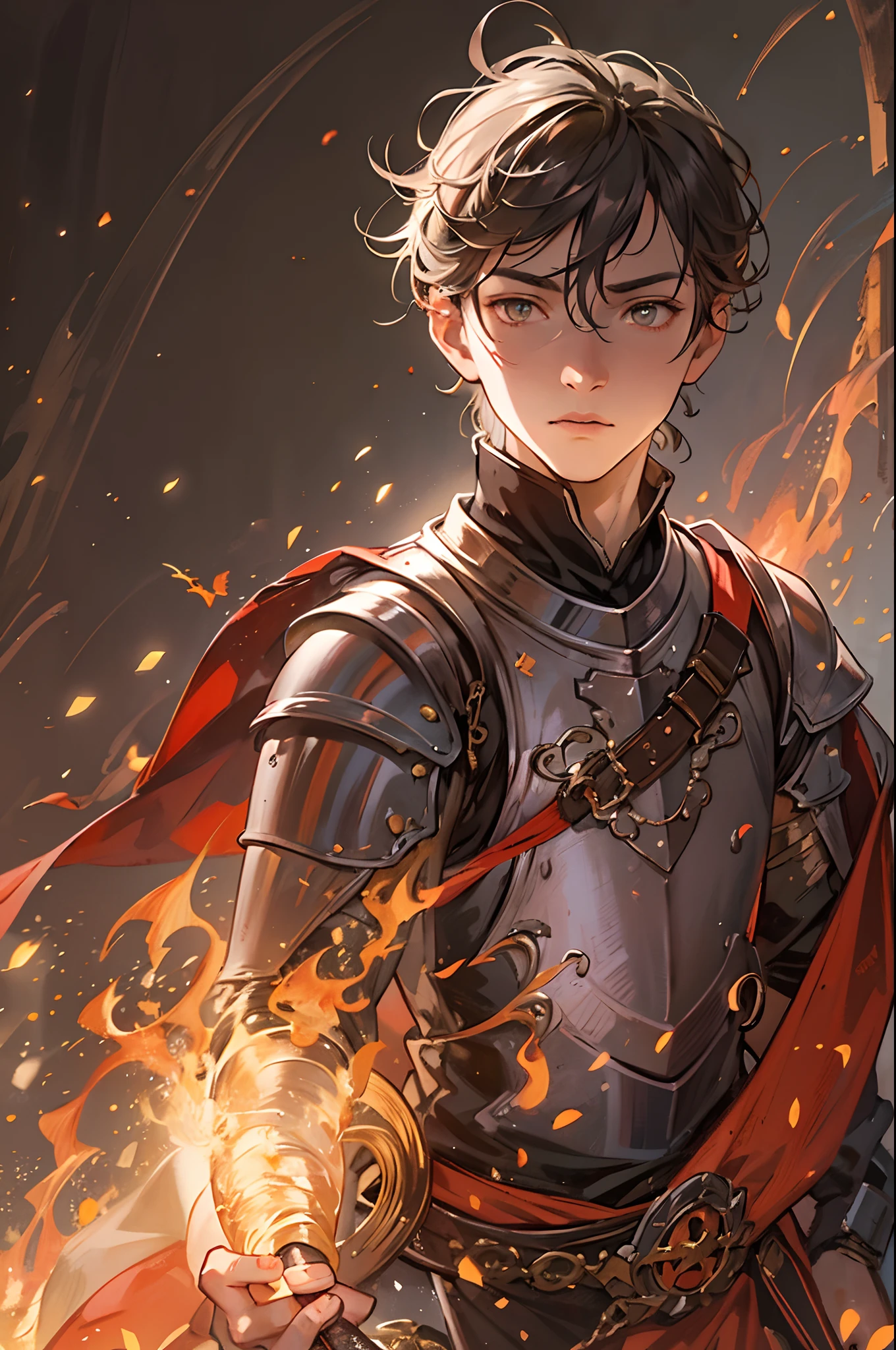 A 17-year-old teenage boy, a boy swordsman, holding an medieval sword, height 1.7m, weight 70kg, light skin tone, without a beard, without a goatee, no facial hair, no body hair, brown hair color, straight hair, pointed ears, medieval knight's silver armor, red clothes, he stands engulfed in a cascading torrent of flames, the fire's heat tempered by an otherworldly energy, as the magical fire spirals and dances, it conjures a swirling dance of luminous particles, each a fragment of his ethereal aura, arcane symbols materialize in midair, their glow casting an eerie light on his intense focus