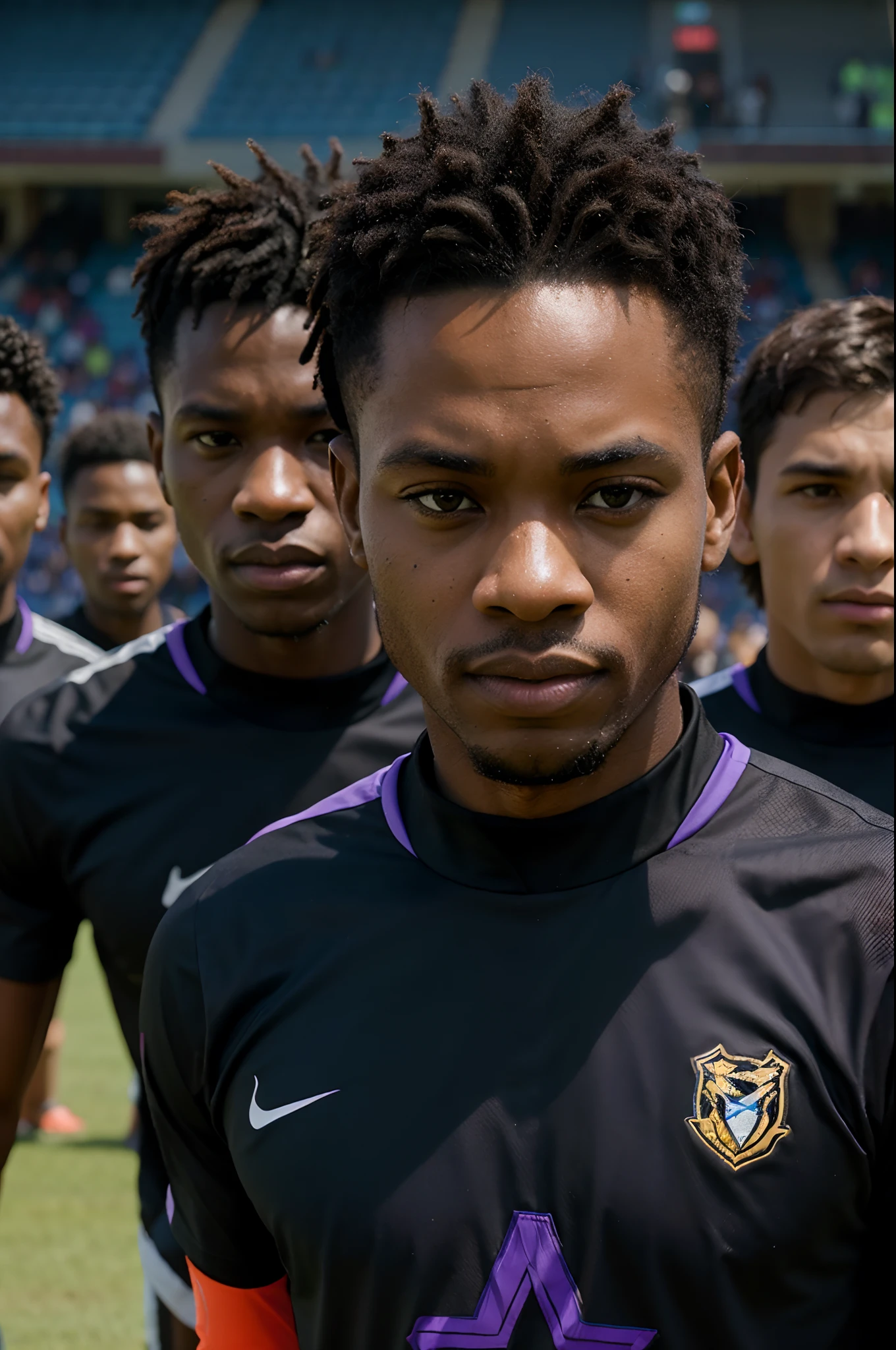 realistic photograph with perfect faces of the Wakanda men's soccer team, the color of the uniform is black with purple details with abstract designs that refer to African culture, the 11 players are gathered side by side