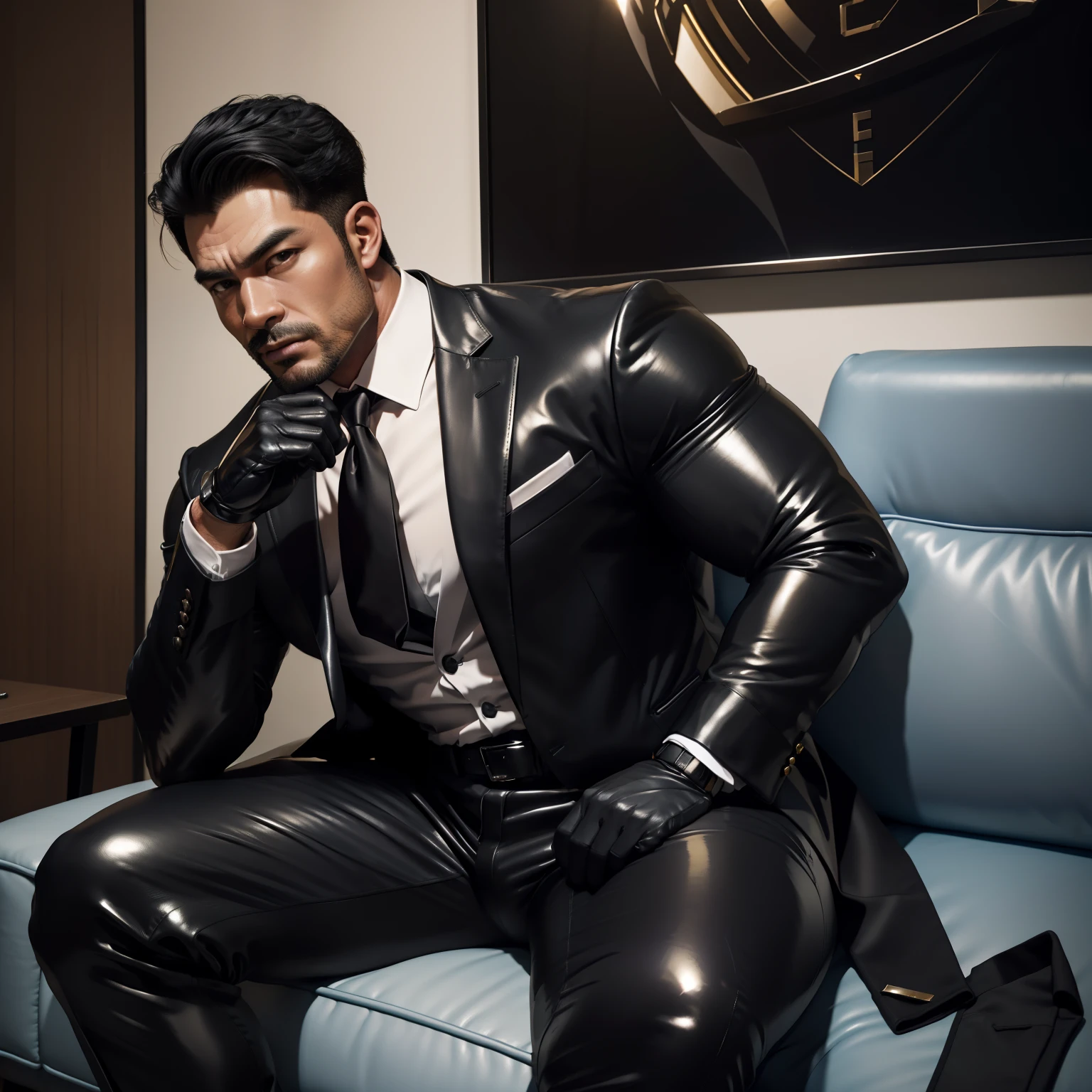 30 years old,daddy,"shiny suit ",Dad sat on sofa,k hd,in the office,"big muscle", gay ,black hair,asia face,masculine,strong man,the boss is,handsome,sex,leather gloves,lecherous dad,look straight ahead,"dad is handsome","gay dad","handsome","raise your hand"