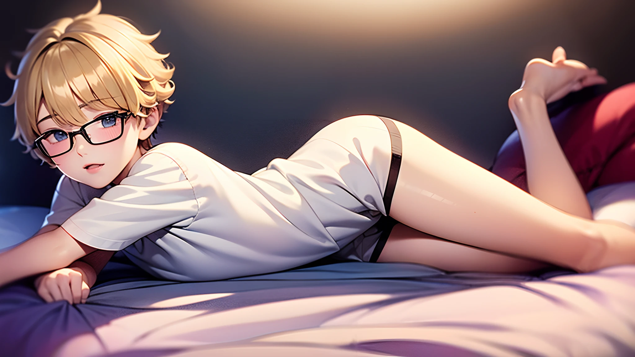  boy, (1boy), femboy, short and blonde curly hair, glasses, white shirt, cat face on shirt, black tight underwear, plumpy ass, laying in bed, sexy, alluring, shota, attractive, child