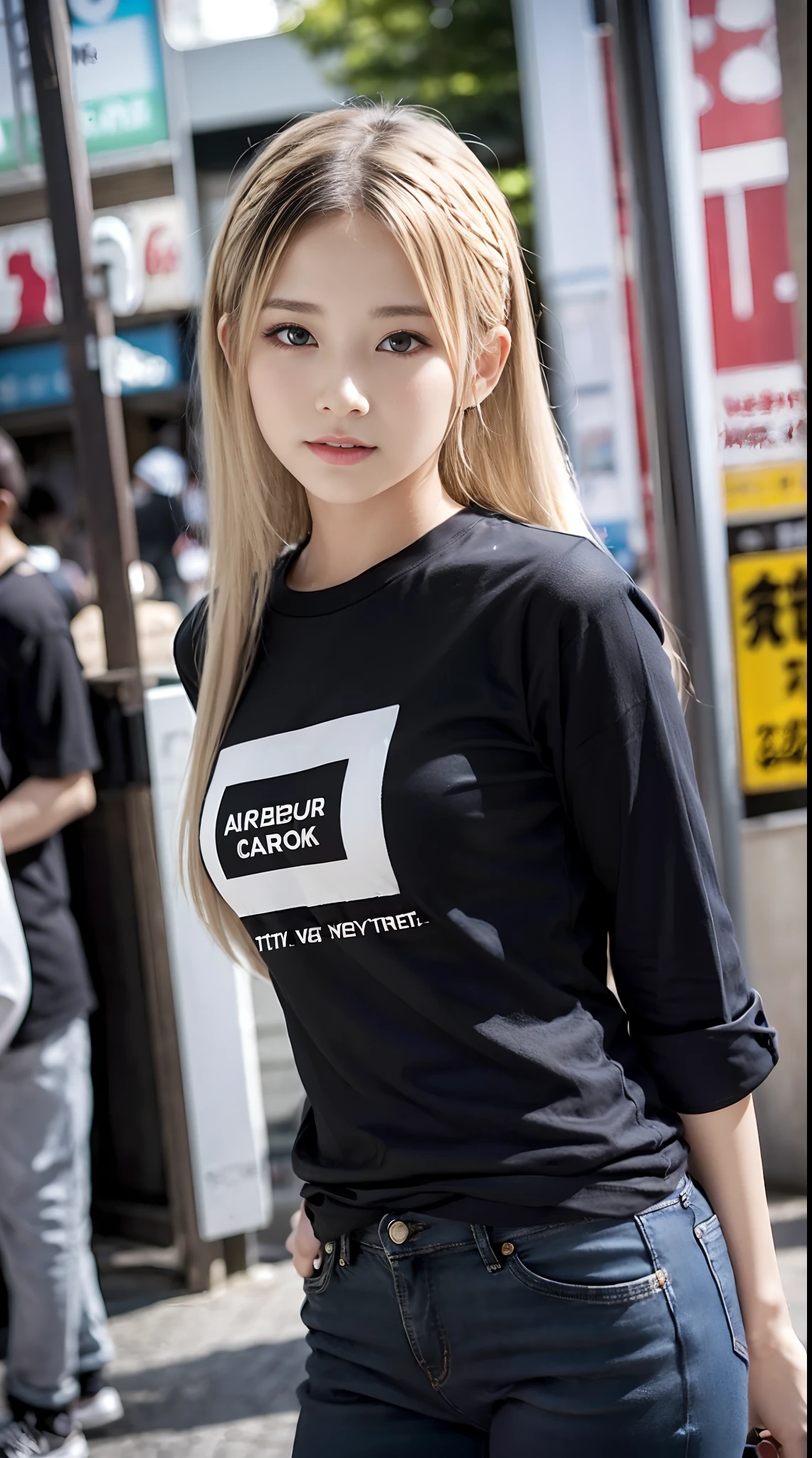 Sexy and very beautiful cute face、shiny beautiful skin、White beautiful skin、Beautiful pale light blue eyes, Beautiful very long blonde hair、(blondehair:1.3)、Lots of sexy bangs、18 years old cute little face beautiful girl、Thick long T-shirt、(Thick black long shirt:1.2)、casual pants、(dynamicposes:1.2)、(Crowded Akihabara 1.4)、Street、(natta:1.3)