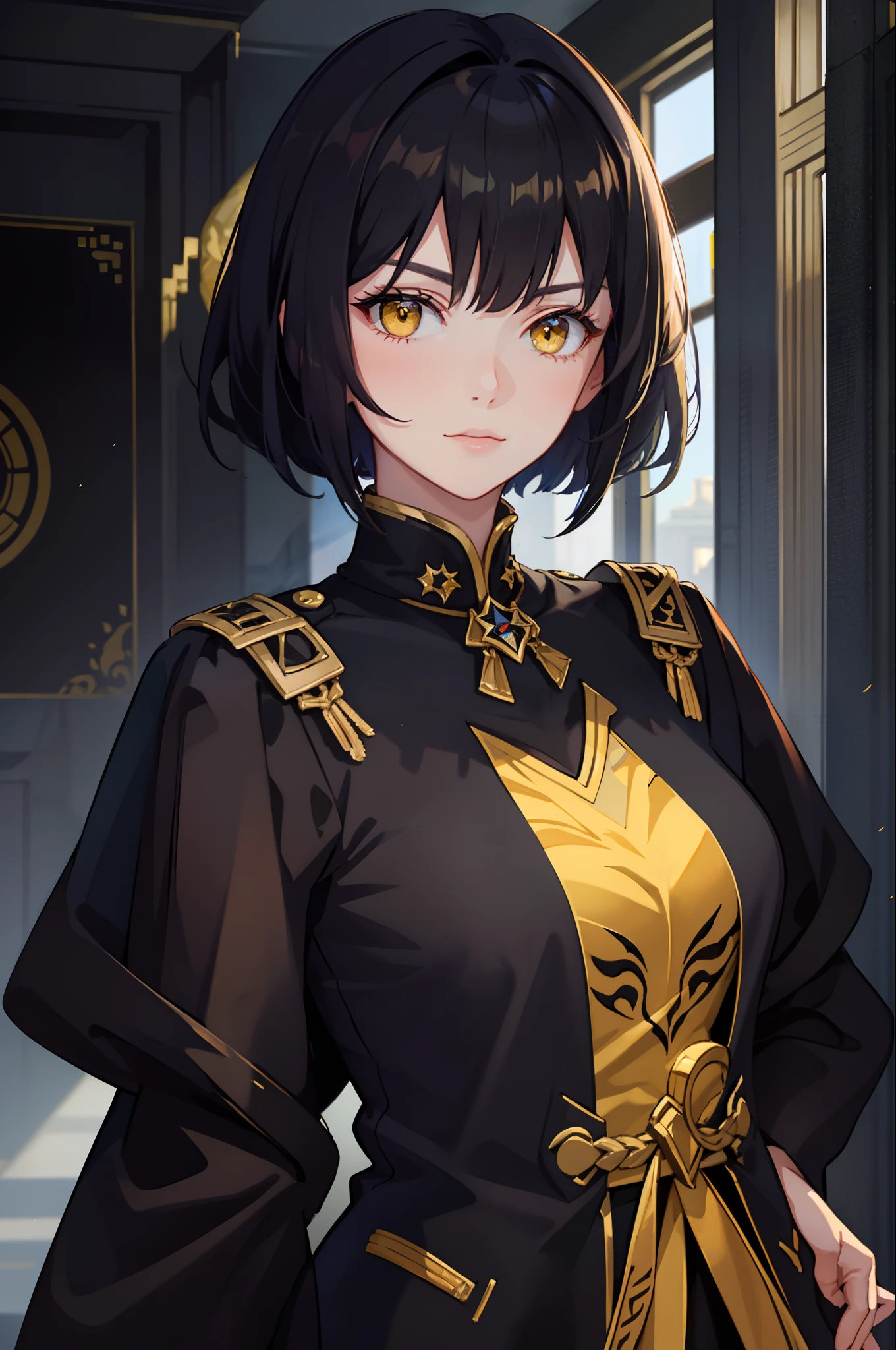 Portrait of a beautiful young woman, villain, yellow eyes, black short hair, square, black general's uniform, empire