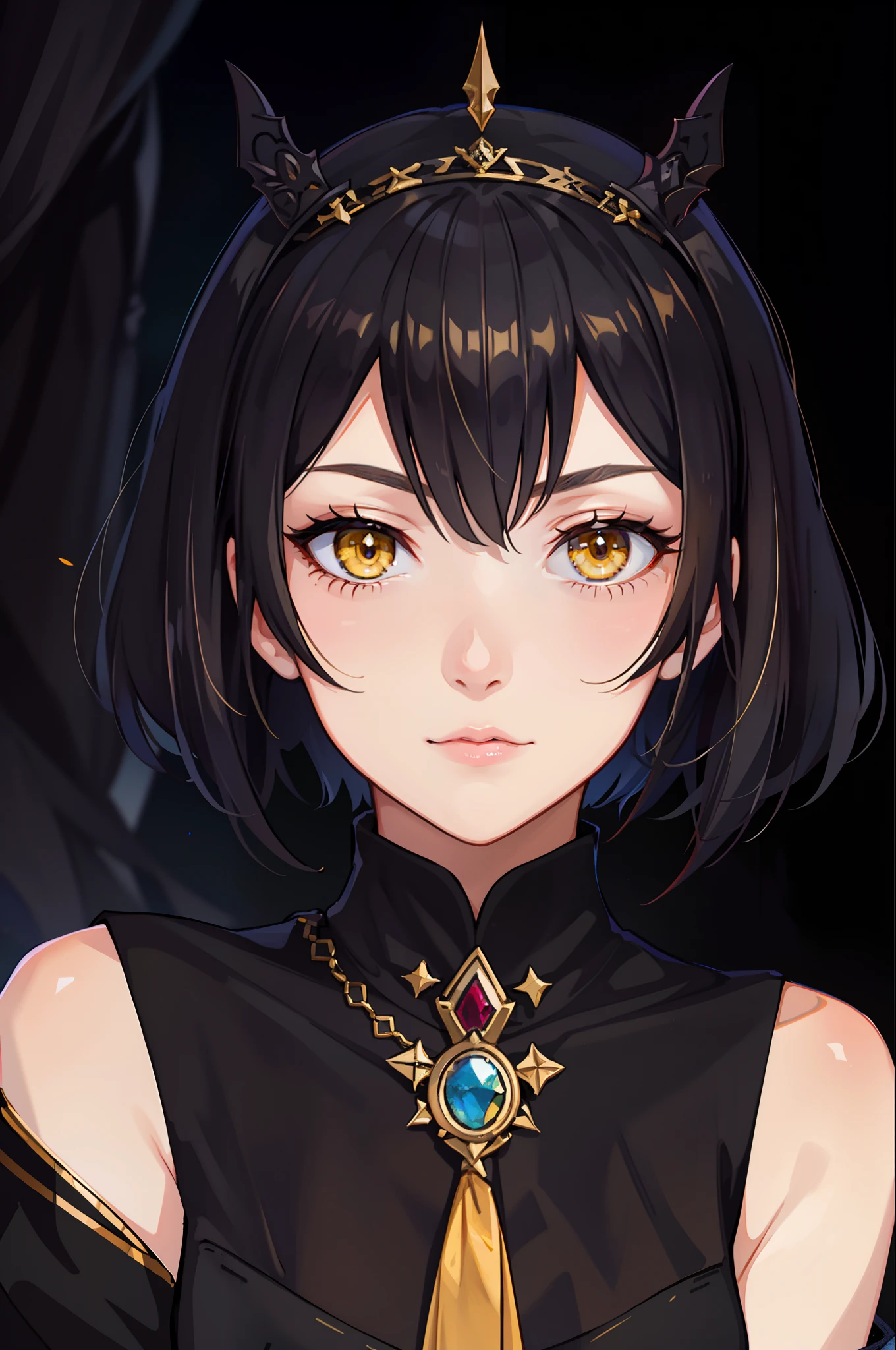 Portrait of a beautiful young woman, villain, yellow eyes, black short hair, square, black general's uniform, empire