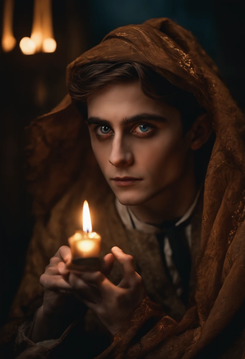 zumbi com manto e capuz estilo dementador harry potter, sombrio, olhos brilhantes,
