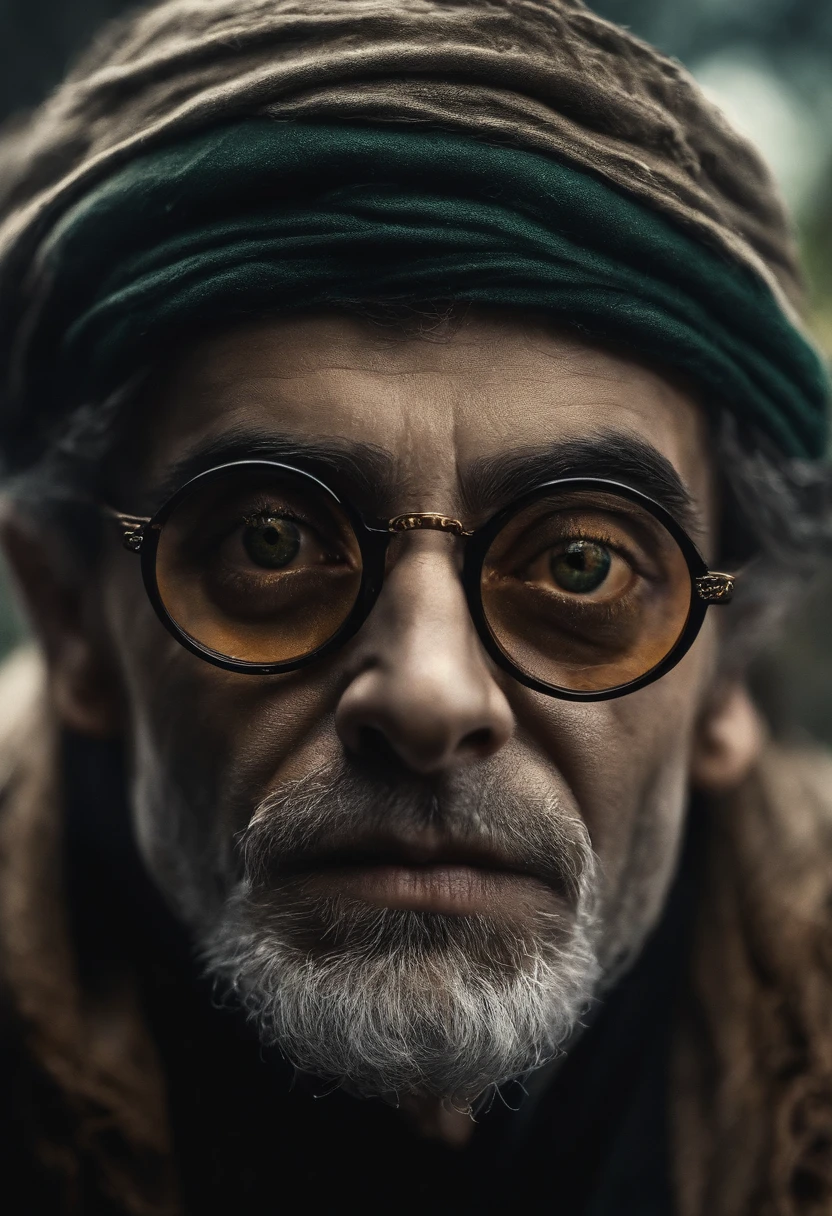 zumbi com manto e capuz estilo dementador harry potter, sombrio, olhos brilhantes,