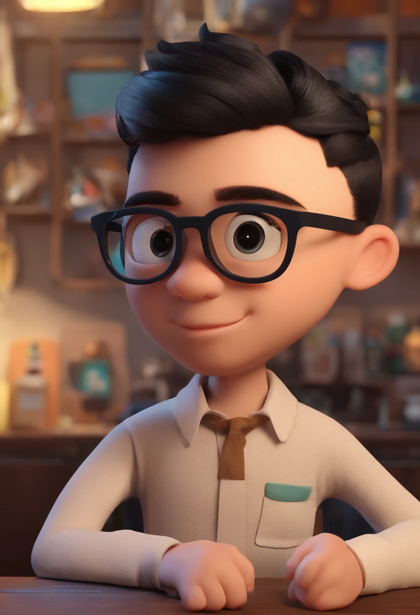An illustration of a boy with black hair and glasses, They're in a tattoo parlor. Ilustre essa cena de uma perspectiva em que o homem esta tatuando o outro com um desenho em preto e branco. Desenvolva esta arte em Full HD, Focus on your cinematic touch, Estilo Disney Pixar Animations