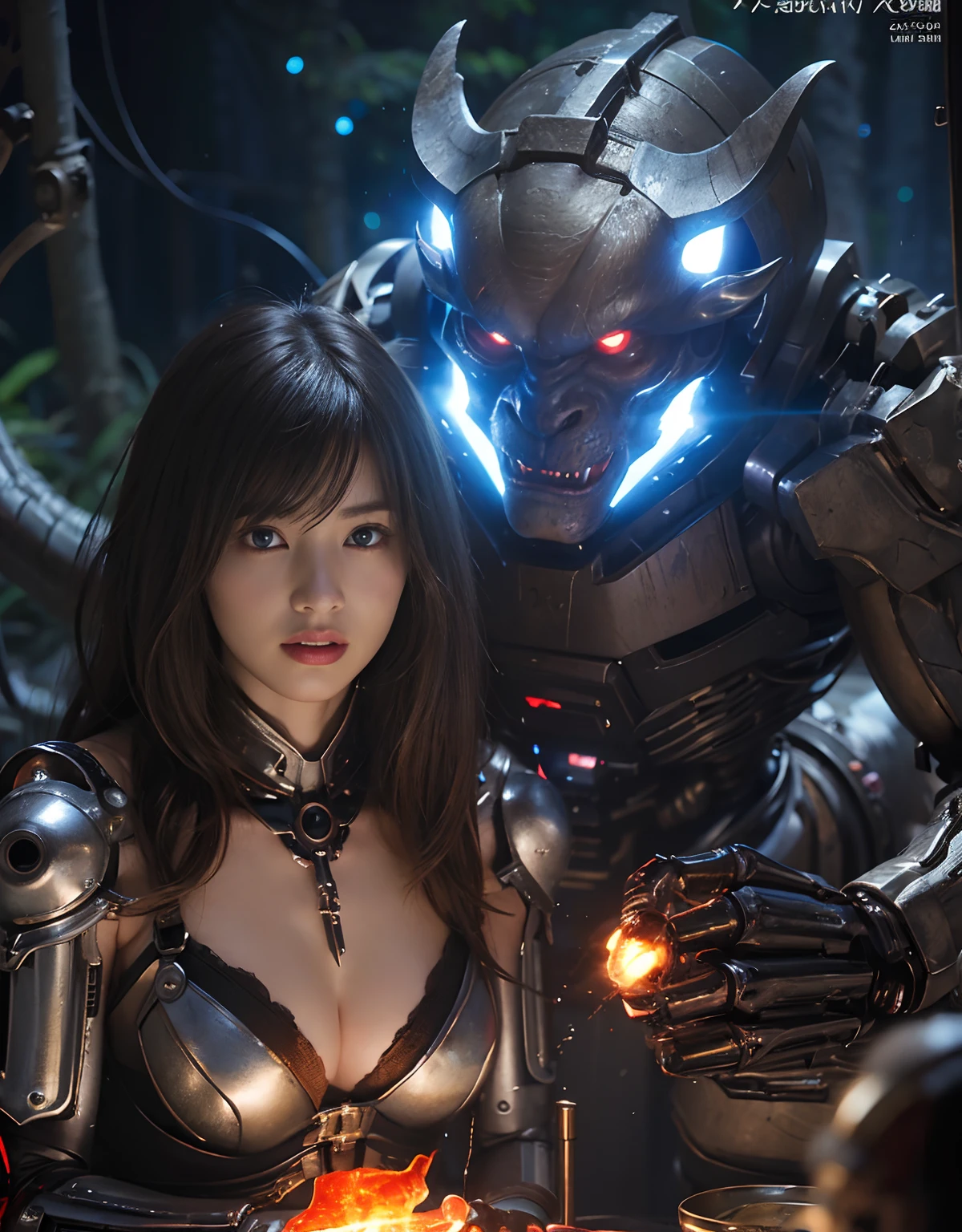 (1 Mechanical Girl)、top-quality、​masterpiece、超A high resolution、(Photorealsitic:1.4)、Raw photo、女の子1人、Fight mutants、glowy skin、(((1 Mechanical Girl)))、With a beautiful knife、（Red Metal Bodysuit）、(Fight goblings、ogre、Fierce battle with orcs),（Fight fiercely against aliens）、Fight fiercely、(beautiful forest background)、(Fighting Demonic Beasts)、(Small LED)、((super realistic details))、portlate、(Strong giant demon beast background),globalillumination、Shadow、octan render、8K、ultrasharp、Colossal tits、Raw skin is exposed in cleavage、metals、Details of complex ornaments、Japan details、highly intricate detail、Realistic light、(Mystical expression),CGSoation Trends、Blue eyes、radiant eyes、Facing the camera、neon details、(Mechanical limbs)、(blood vessels connected to tubes)、(Wires and cables connecting to the head)、Small LED、,Mechanical thighs、Toostock、（Hands are also made of machines）、（Attack of the Monster Beasts）、