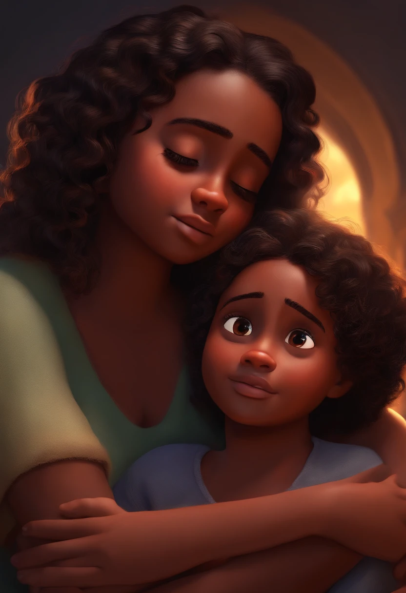 A dark-skinned girl with medium curly hair crying and Jesus comforting her inspired by Pixar animation, de perto.