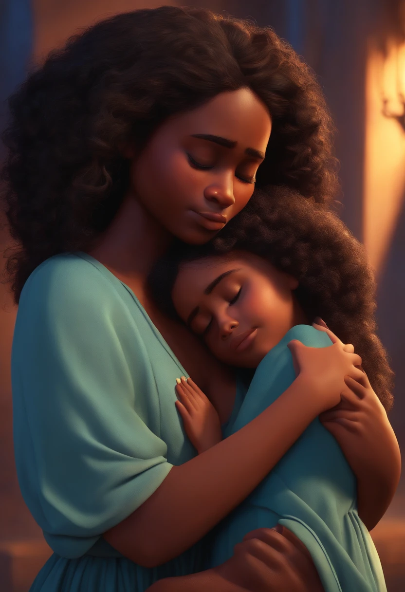 POV shot of black woman opening her arms to embrace a happy black baby flying towards her, in a garden of blue and violet roses, bright and vibrant blue sky, animation style in form of makoto shinkai,  32k, ultra HD, unreal engine rendered,