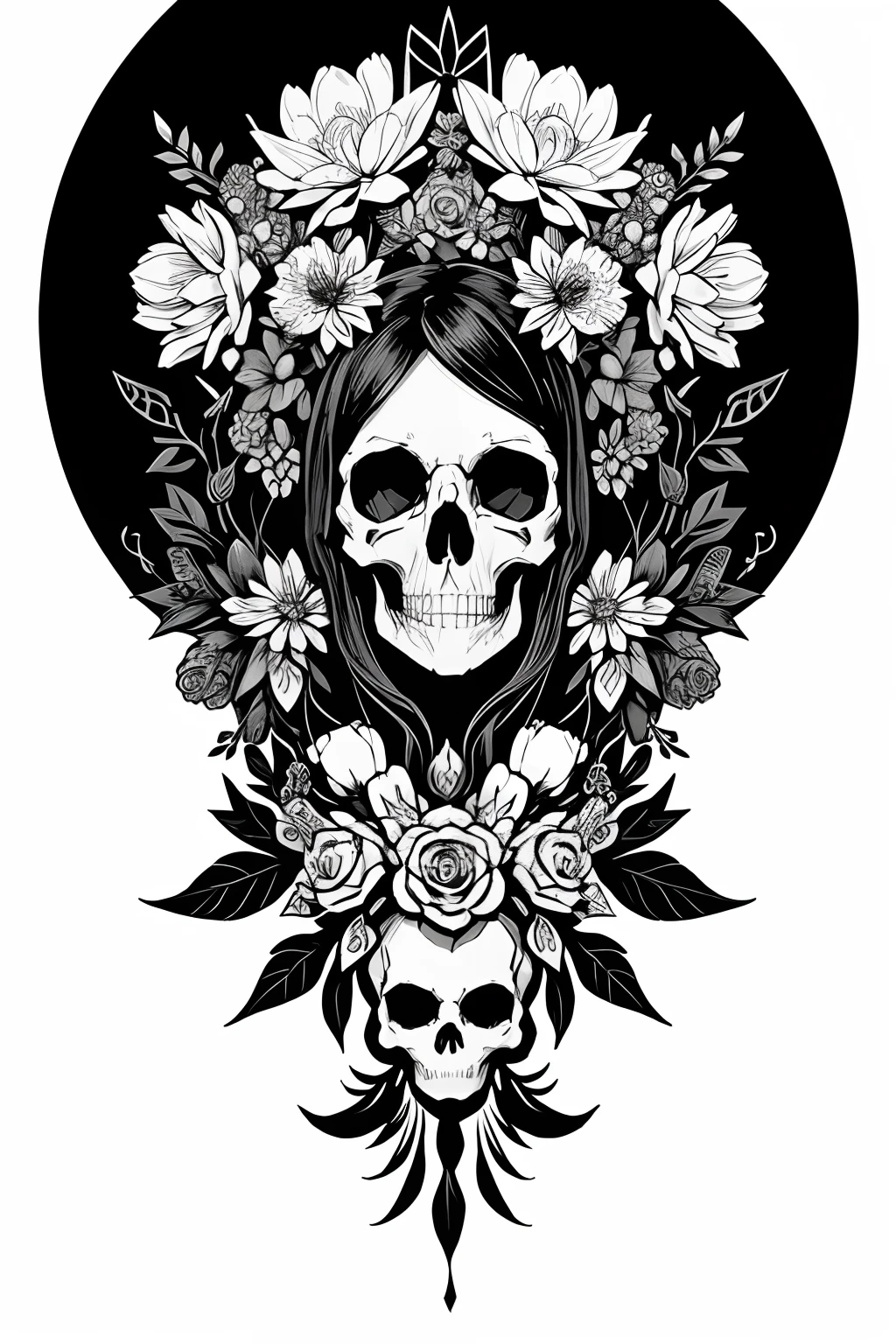 Produce a vertical illustration that features human skulls s in black and white, with a high level of detail and texture that gives a three-dimensional appearance. Intertwined with these skulls are dahlias and crocuses in full, vivid color. The composition should be long and narrow, suitable for a tattoo design that might run down the length of an arm. The colorful flowers should appear to bloom from between the skulls, providing a striking contrast to the monochromatic bones. et deux pinups nues mais dont on ne voit ni le sexe, la poitrine ou les fesses car les autres parties du dessin les cache