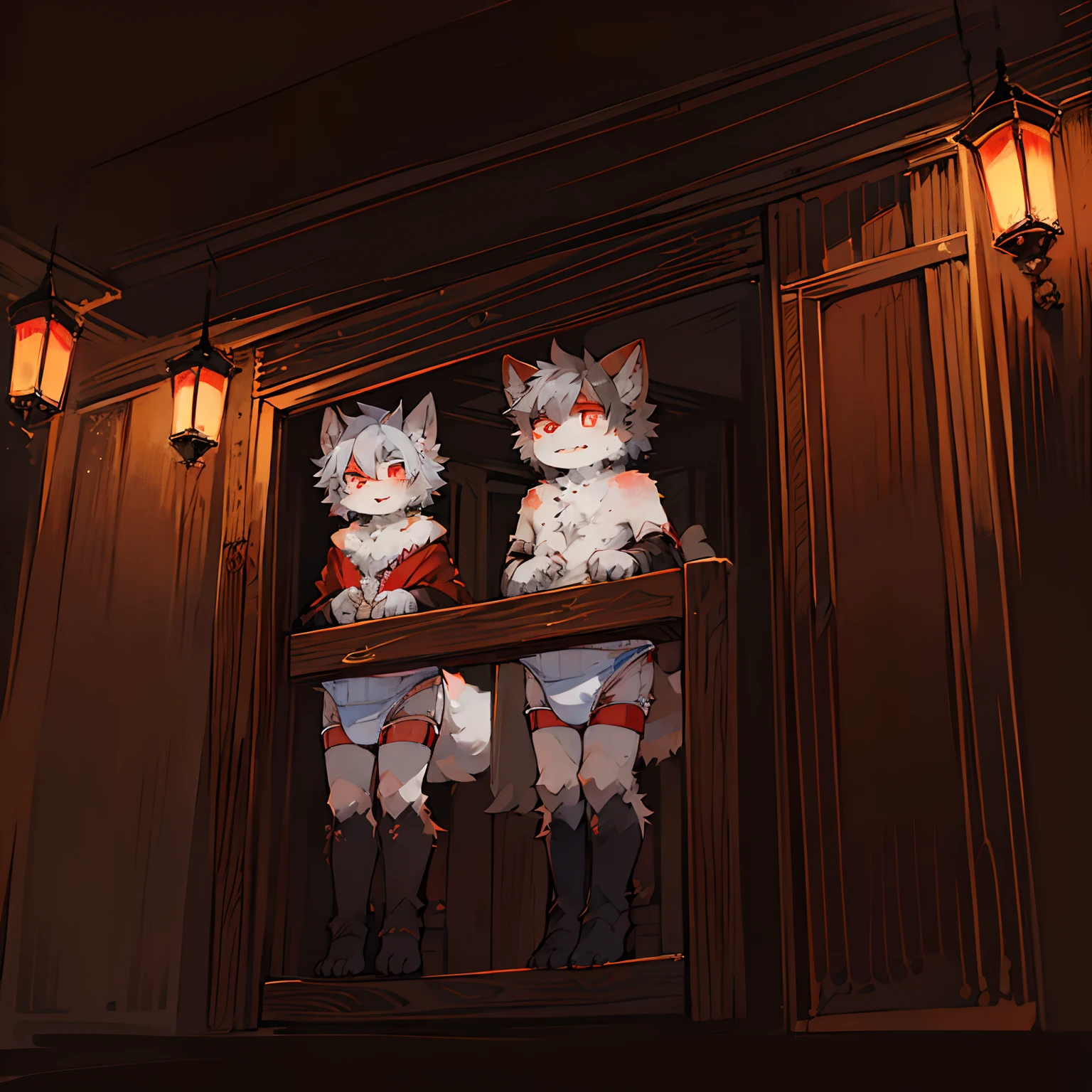 (ambiente dark:0.8),Masterpiece,High quality,abstract res,Digital painting\(artwork of a\), by Dagasi, Yupa,Kiyosan,(anthro,Fluffy fur,Character focus:1.1),anthro male cat,Short hair,Portrait , eyes with brightness, in a panoramic view, Character focus.(detailedbackground:0.7), 独奏, shaggy, shaggy male, malefocus, anthr,(Full Body Furry, Fluffy tail, White fur, red color eyes, Gray hair:1.2), (long canines、Vampires、cloaks:1.2),(interiors、the night、borgar、casket:1.1)(diaper)