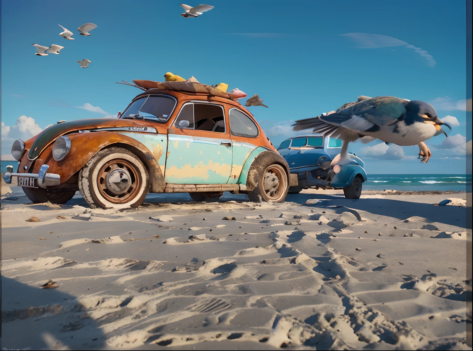 UM FUSCA VERMELHO E BRANCO EM UMA PRAIA ,Blue and sunny skies ,with many birds flying image in PIXAR 512k and 4D.detalhes ultra realista